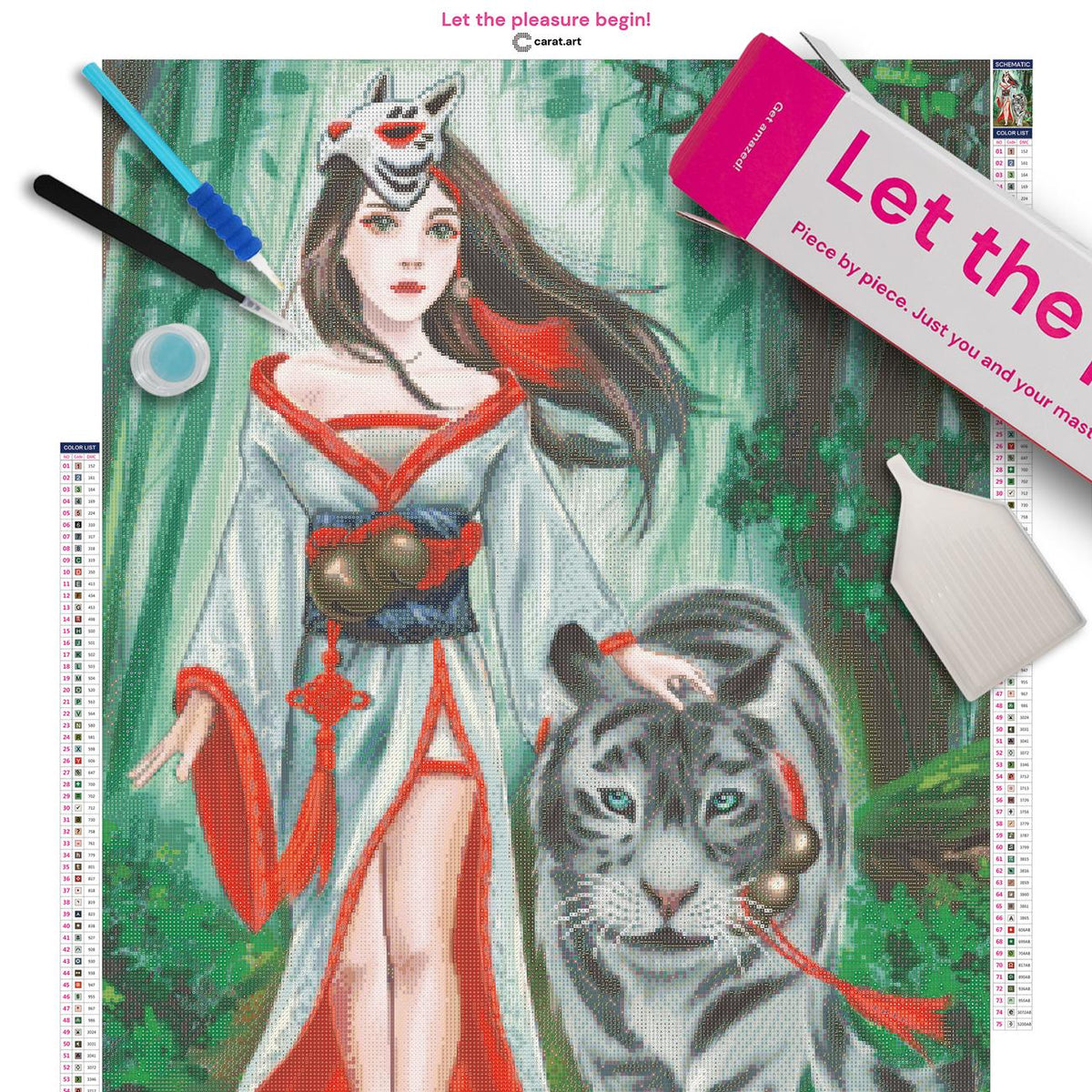 Diamond Painting Set mit Kimono Mädchen und Tiger Motiv inklusive Leinwand, ciratart.com Karton und hochwertigem Zubehör
