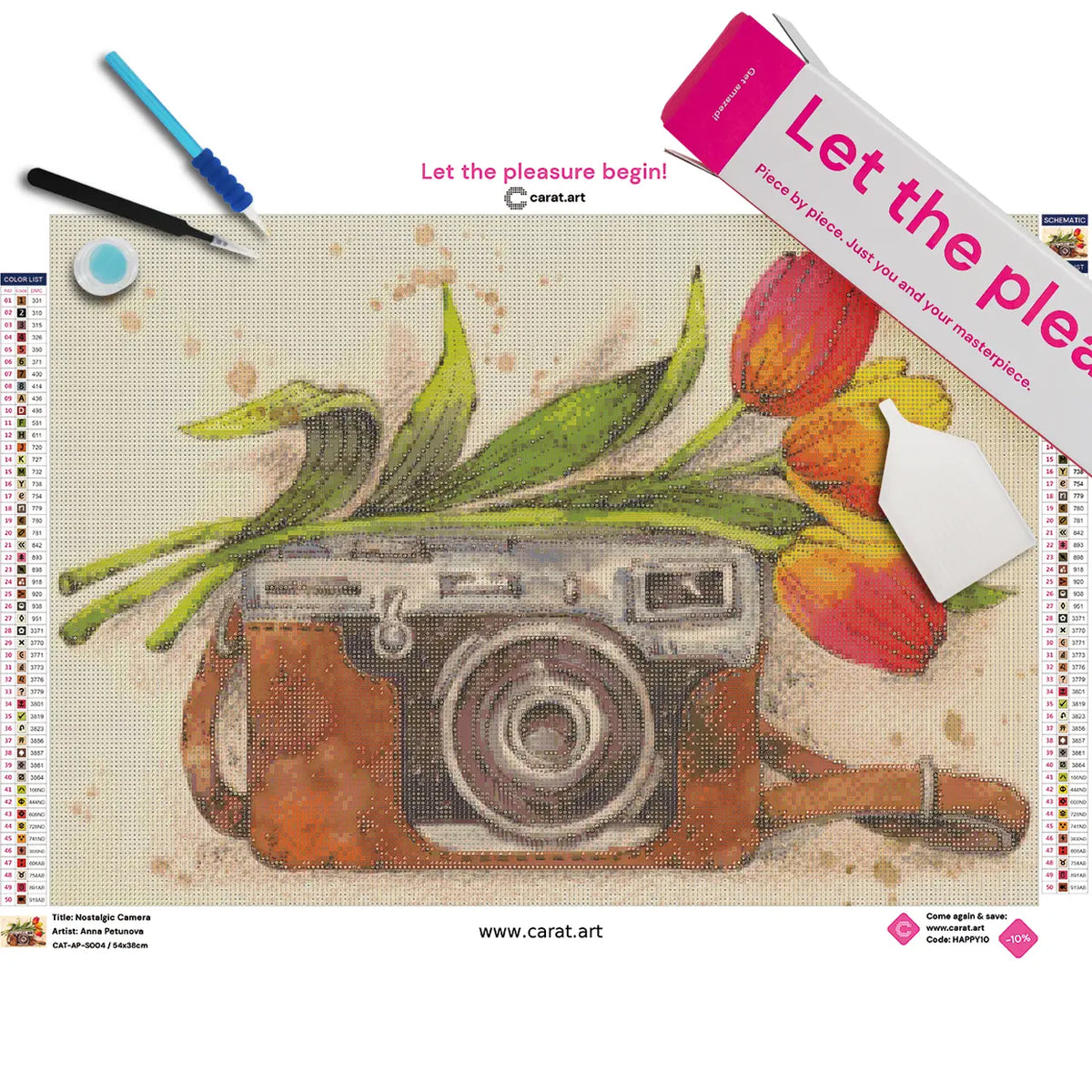 Diamond Painting Set von einem Kamera-Motiv mit Tulpen auf Leinwand mit ciratart.com Box und Zubehör