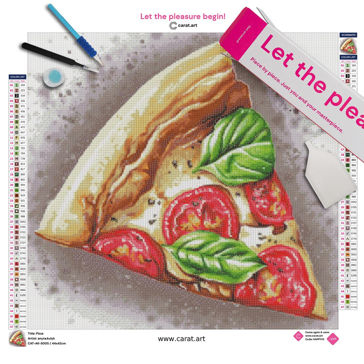 Diamond Painting Set mit appetitlichem Pizzamotiv, saftigen Tomaten und Basilikum inklusive Leinwand, ciratart.com Karton und hochwertigem Zubehör