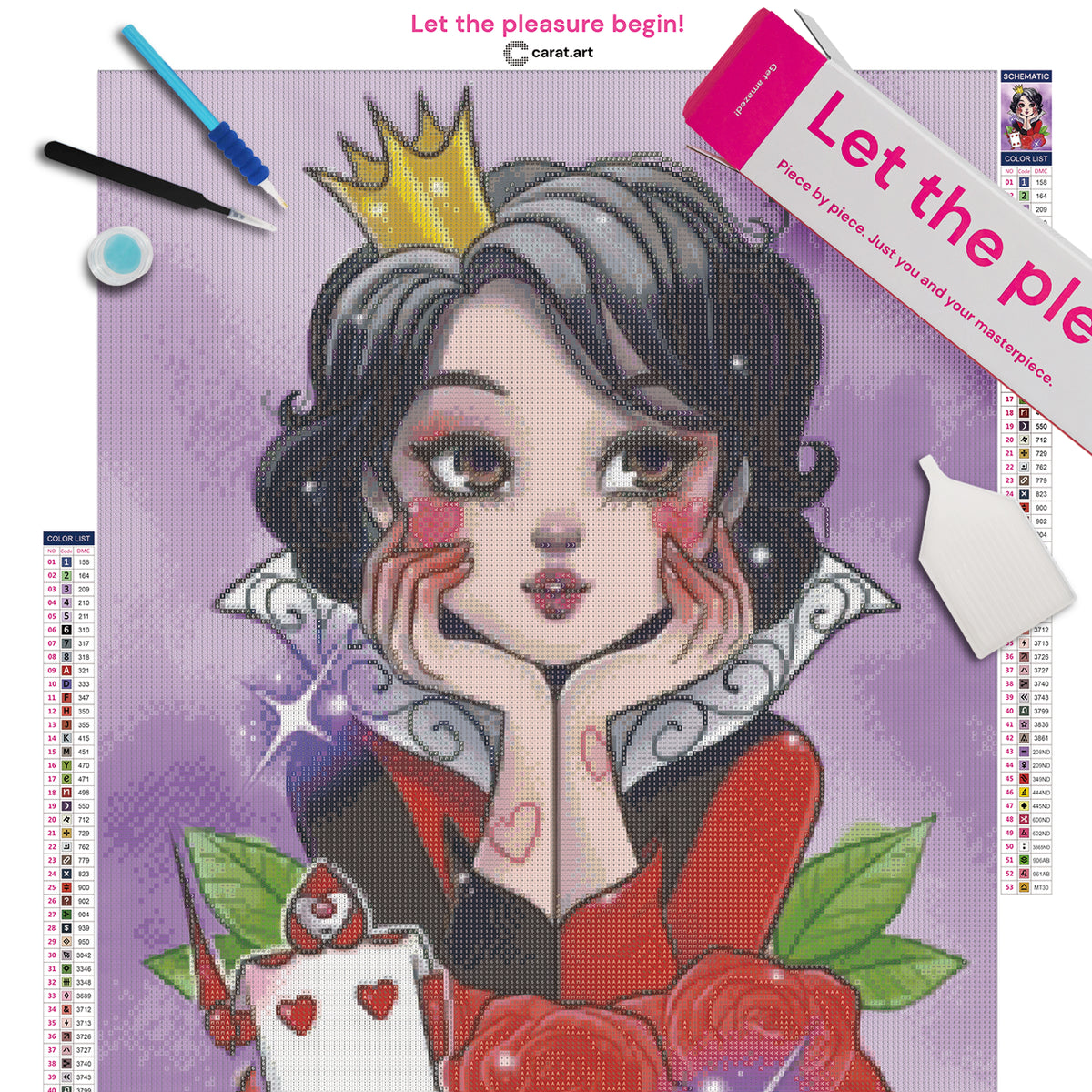 Diamond Painting Set mit Herzkönigin aus dem Wunderland, kleiner Krone, Spielkarten-Soldat und roten Rosen inklusive Leinwand, ciratart.com Karton und hochwertigem Zubehör