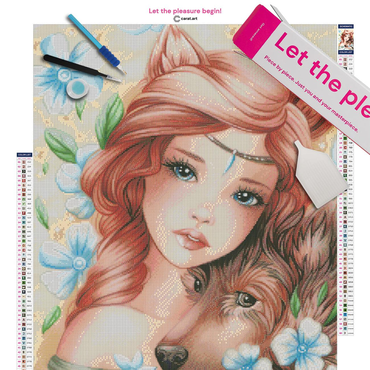 Diamond Painting Set mit rothaarigem Mädchen, pelzigen Fuchsohren und ihrem Hund, umgeben von weiß-blauen Blüten und filigranen Blättern inklusive Leinwand, ciratart.com Karton und hochwertigem Zubehör