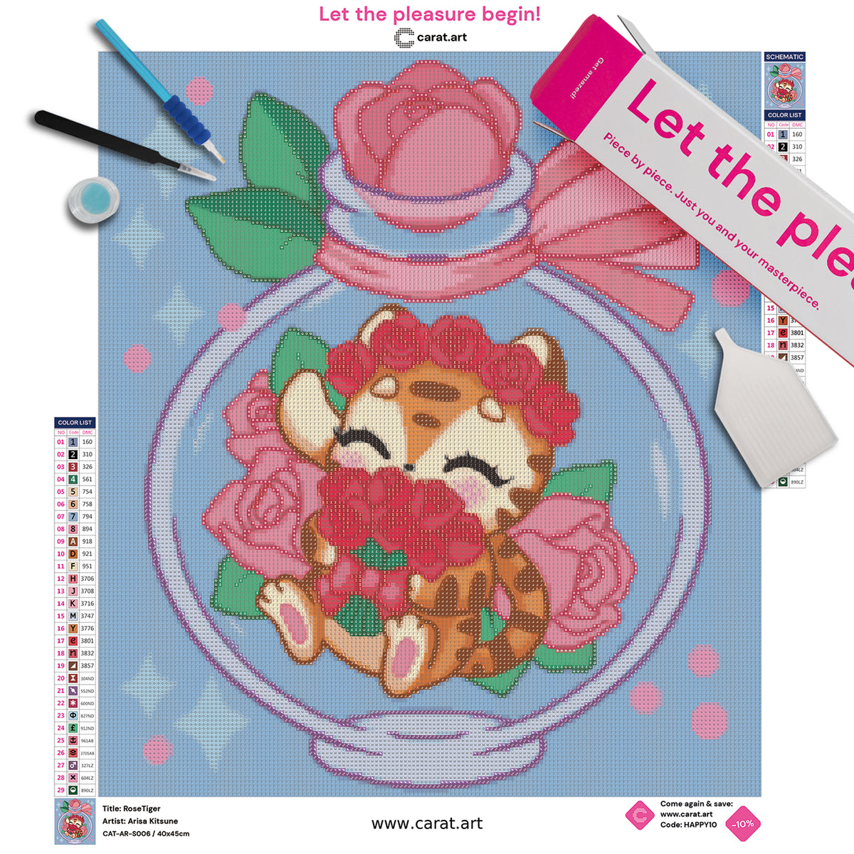 Diamond Painting Komplett-Set mit kleinem Tiger, Rosenkranz, Rosenstrauß und dekorativem Glasflakon inklusive Leinwand, Diamond Painting Zubehör und ciratart.com Karton