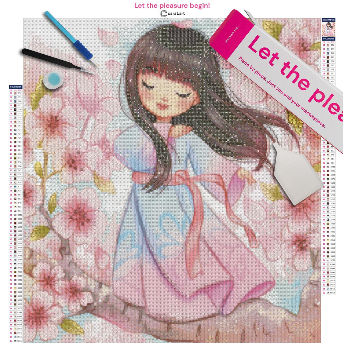 Diamond Painting Set mit japanischer Tänzerin auf einem Kirschbaum-Ast und blühenden Sakura-Zweigen inklusive Leinwand, ciratart.com Karton und hochwertigem Zubehör