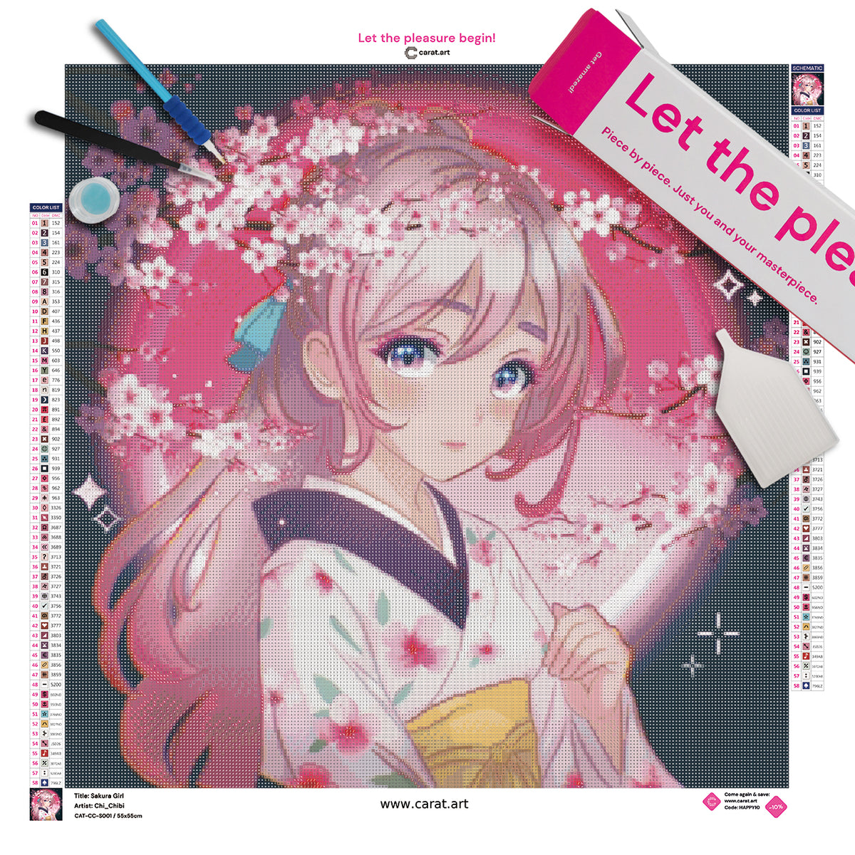 Diamond Painting Set mit Mädchen im Kimono und blühenden Sakura-Zweigen inklusive Leinwand, ciratart.com Karton und hochwertigem Zubehör