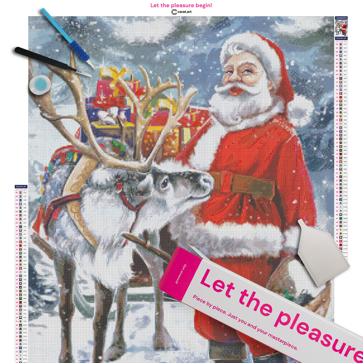 Komplettset für dein Diamond Painting Weihnachtsmann in verschneiter Landschaft Motiv mit Premium Leinwand und Diamond Painting Werkzeug