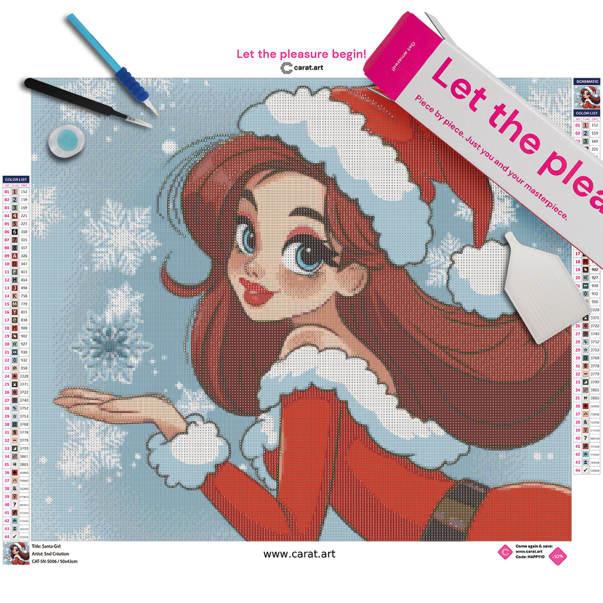 Diamond Painting Set mit Weihnachtsmädchen Motiv, Schneekristallen und Winterdesign inklusive Leinwand, ciratart.com Karton und Zubehör