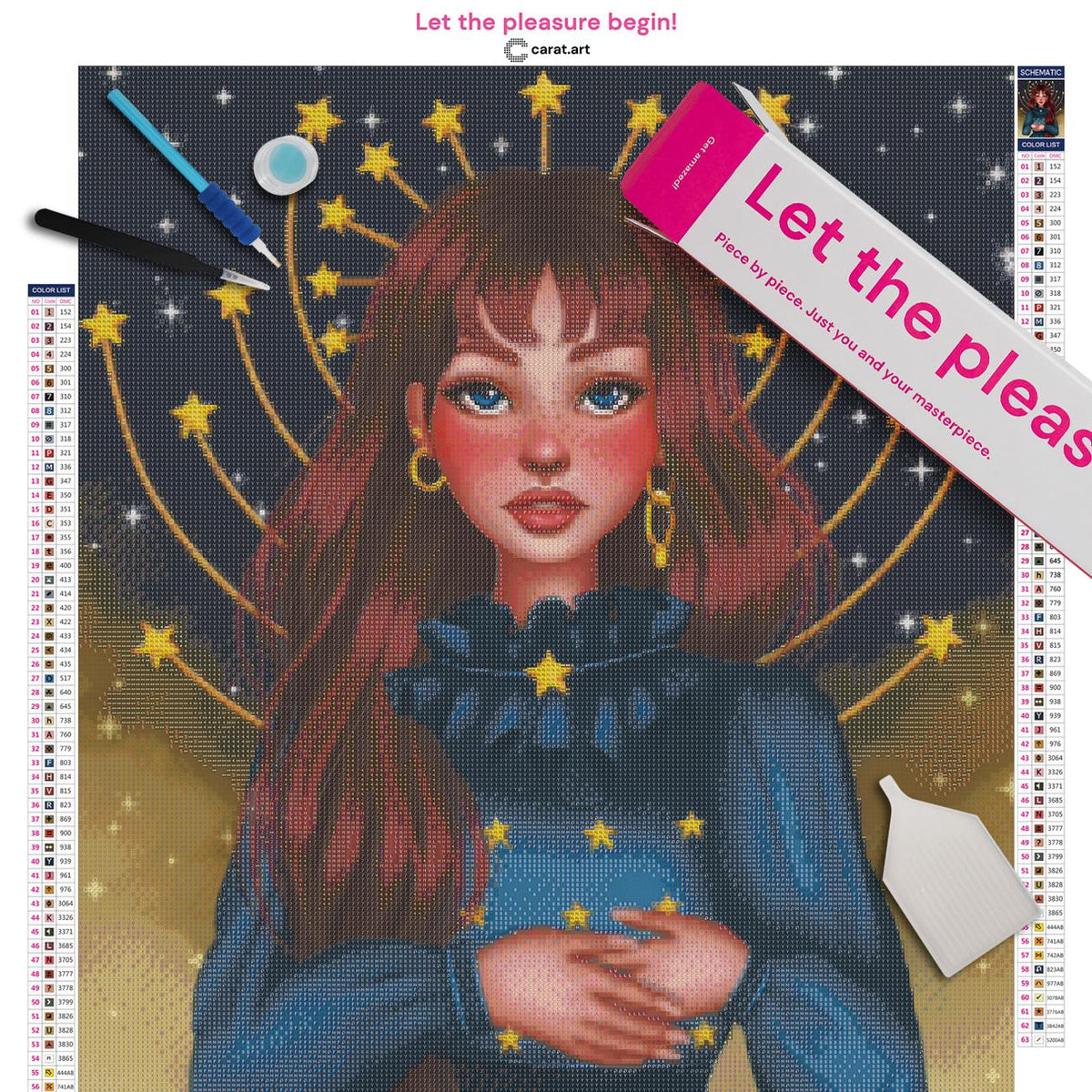 Diamond Painting Set mit Schicksalsgöttin, langen roten Haaren, türkisem Kleid und funkelnden Sternen in den Händen vor einer mystischen Sternenkonstellation inklusive Leinwand, ciratart.com Karton und hochwertigem Zubehör