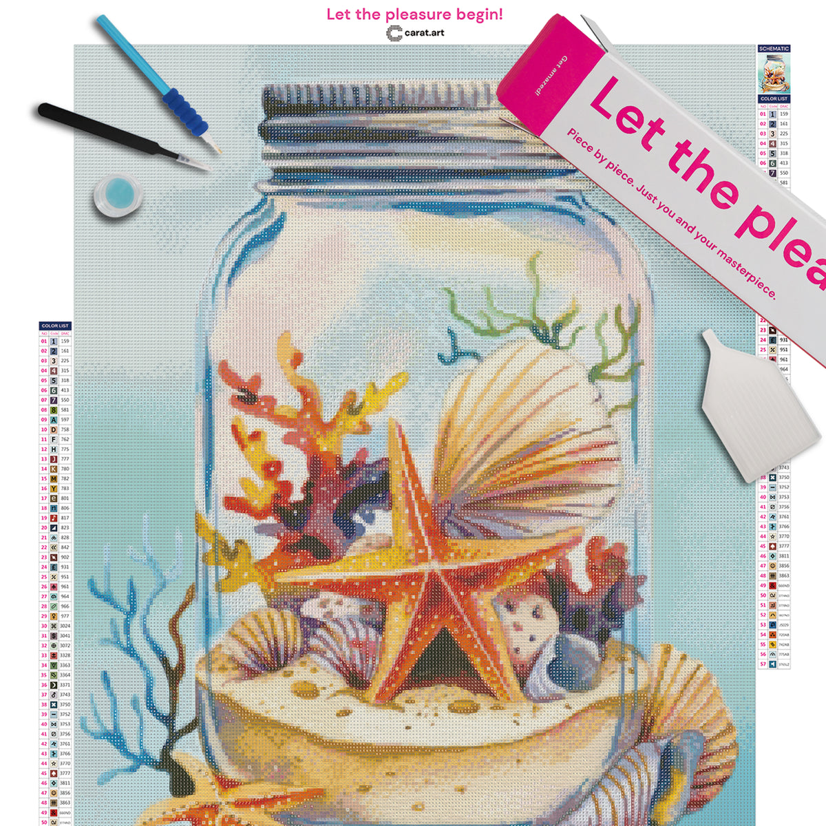 Diamond Painting Set mit Seestern, Muscheln und Korallen in einem dekorativen Glasgefäß auf Leinwand mit Diamond Painting Werkzeug und ciratart.com Box