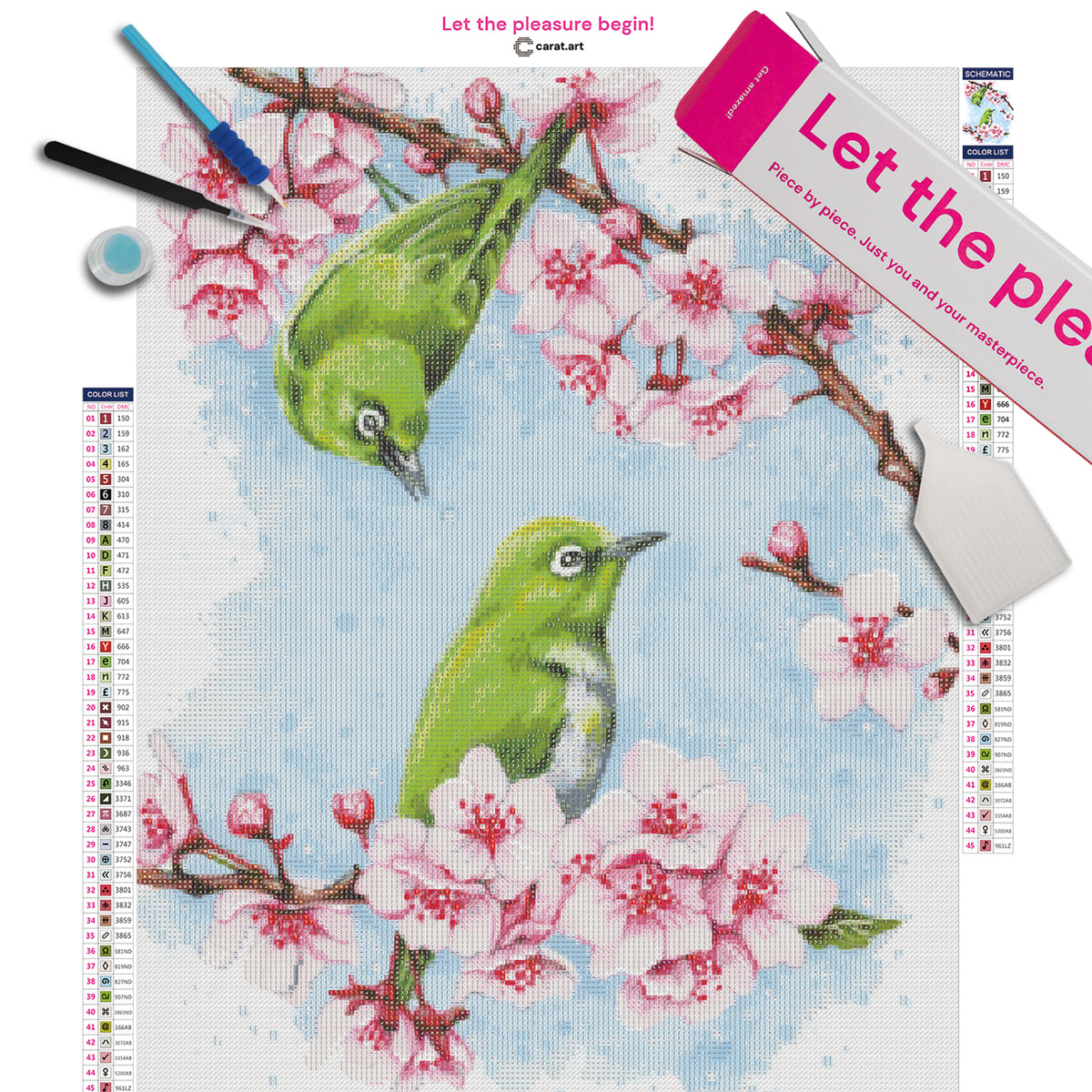 Diamond Painting Set mit zwei grünen Vögeln und blühenden Kirschzweigen inklusive Leinwand, ciratart.com Karton und hochwertigem Zubehör