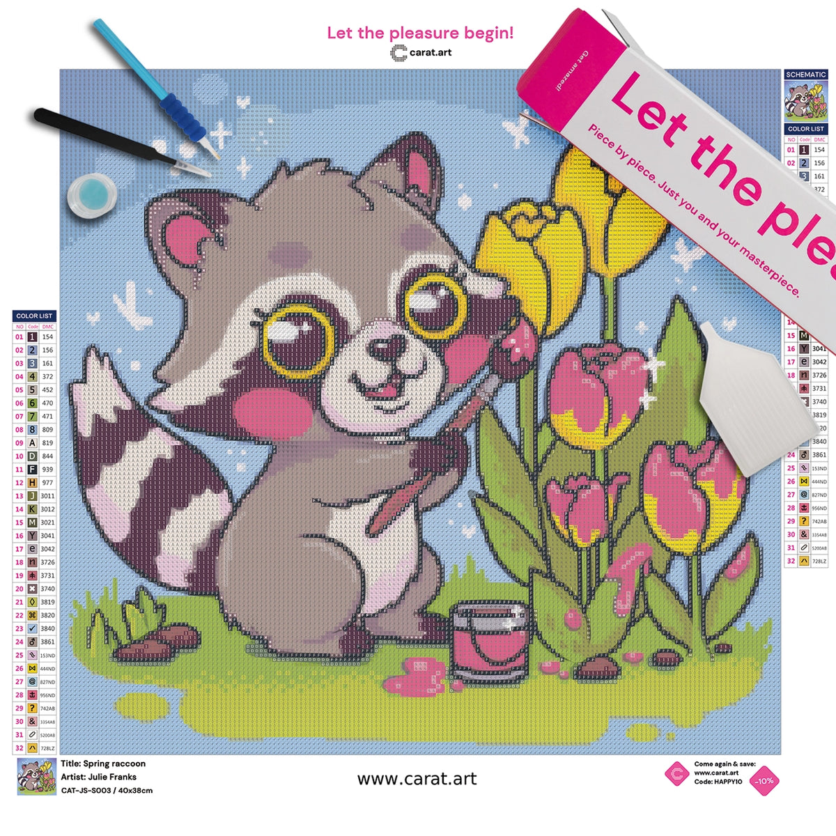 Diamond Painting Set mit Waschbär, Tulpen und Frühlingsmotiv inklusive Leinwand, ciratart.com Karton und hochwertigem Zubehör