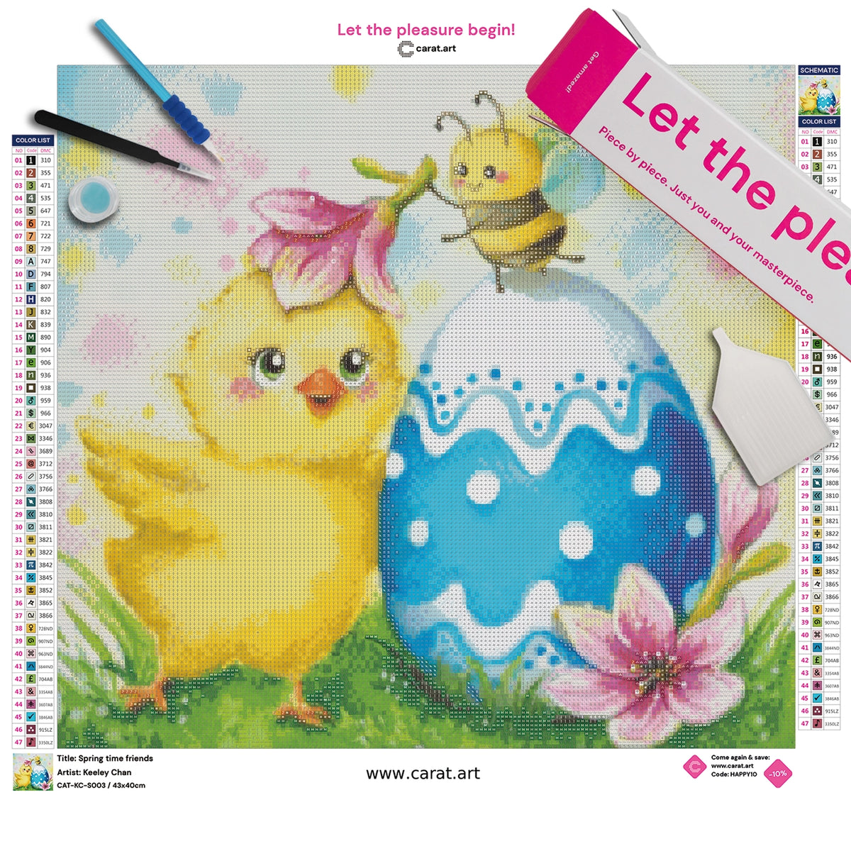 Diamond Painting Set mit Küken, Biene, buntem Osterei und Frühlingsblumen inklusive Leinwand, ciratart.com Karton und hochwertigem Zubehör