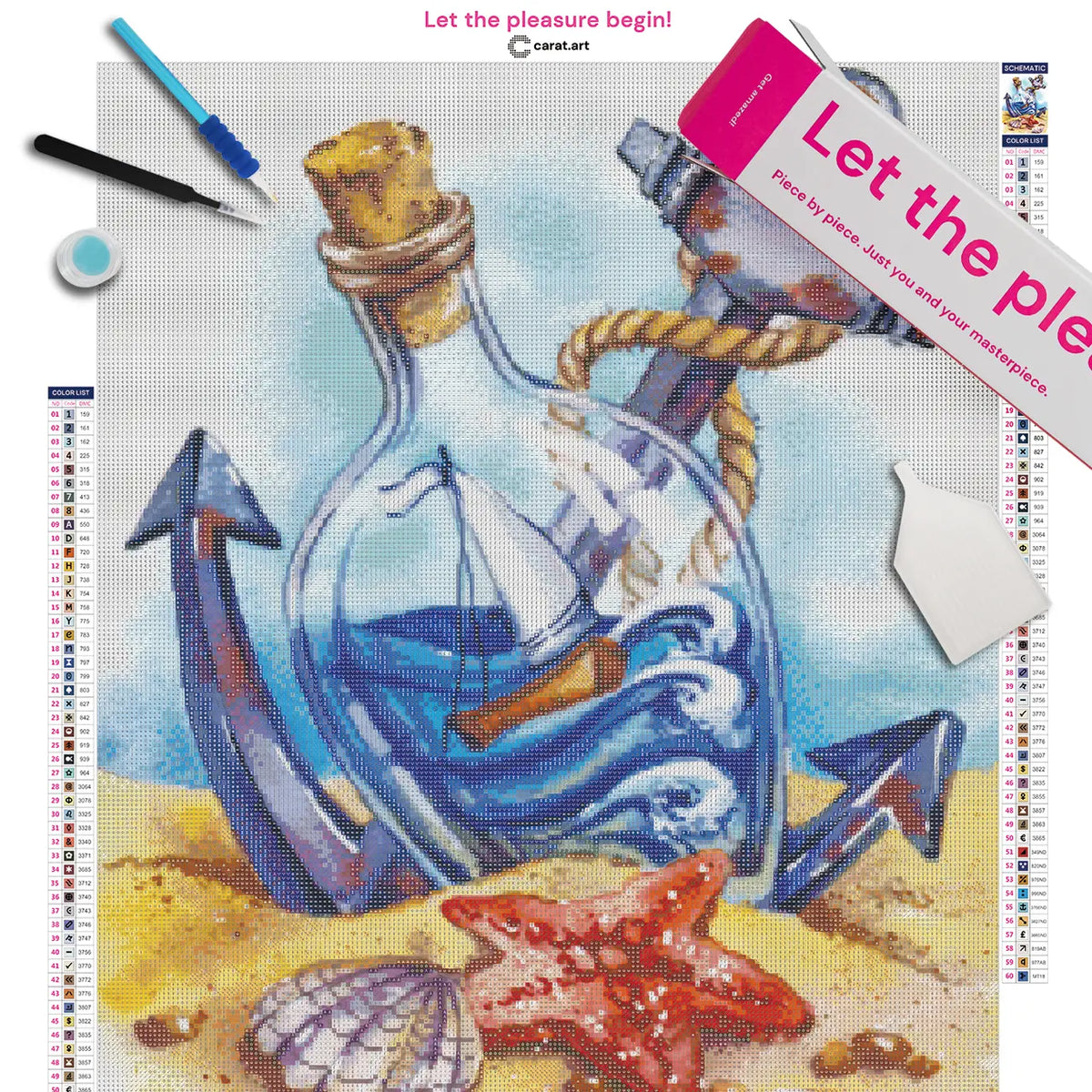 Diamond Painting Set mit Flaschenschiff, Anker, Muscheln und Seestern als maritimes Sommermotiv auf Leinwand, mit ciratart.com Karton und hochwertigem Zubehör