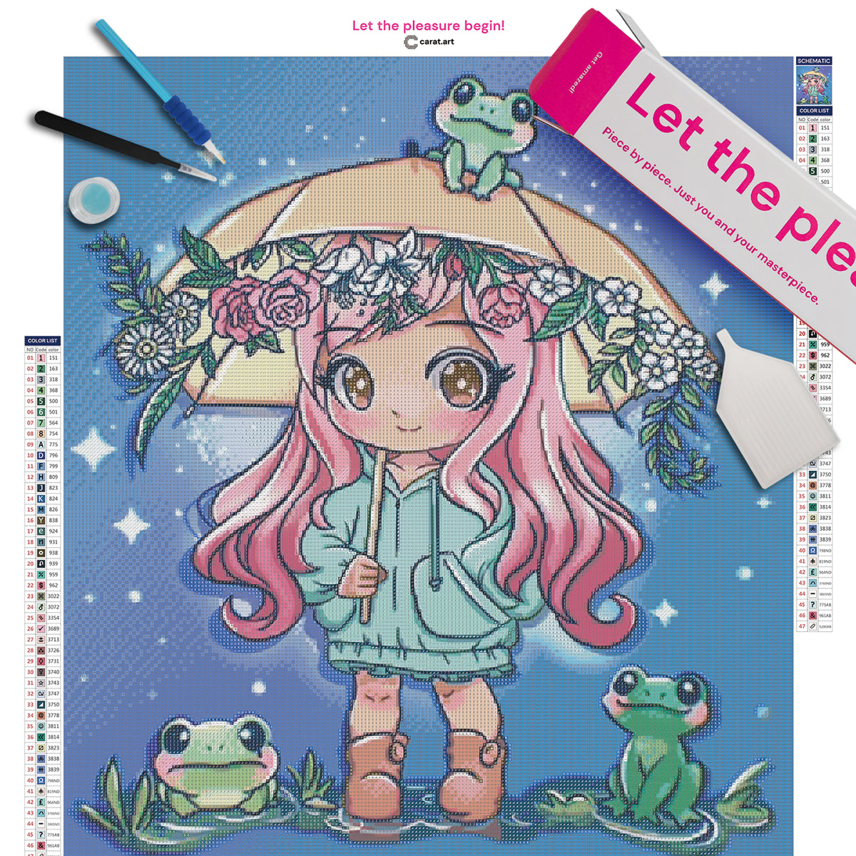 Diamond Painting Set mit Mädchen im türkisfarbenen Regenmantel, Blumenschirm und drei kleinen Fröschen inklusive Leinwand, ciratart.com Karton und hochwertigem Zubehör