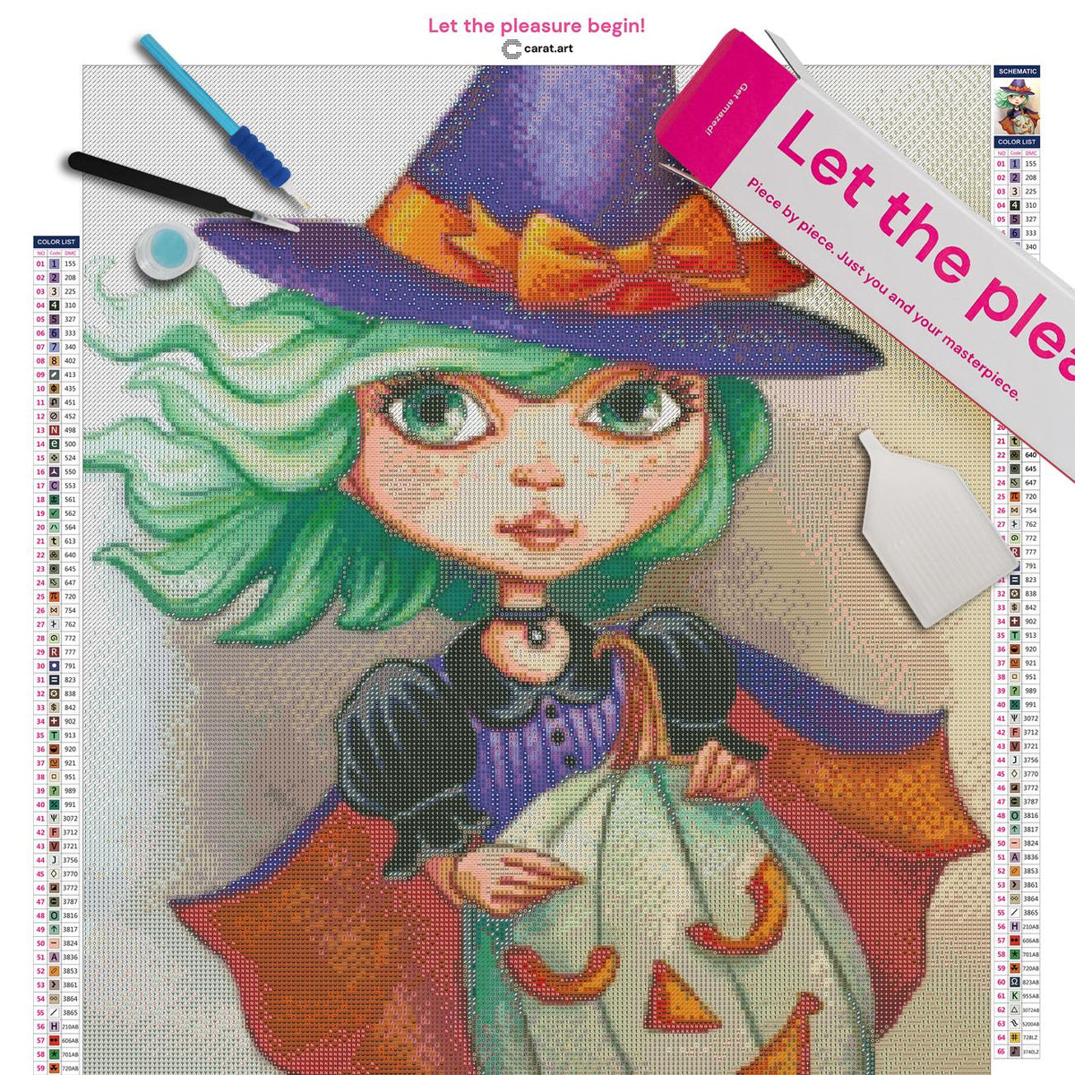 Diamond Painting Komplettset mit junger Hexe, grünen Haaren, lila-orangefarbenem Hexenoutfit und weißem Kürbis inklusive Leinwand, ciratart.com Karton und hochwertigem Zubehör