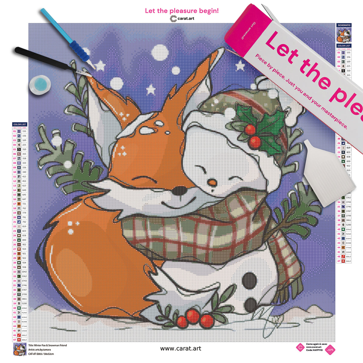 Diamond Painting Set mit Fuchs, Schneemann und winterlicher Dekoration aus Zweigen und Beeren inklusive Leinwand, ciratart.com Karton und hochwertigem Zubehör