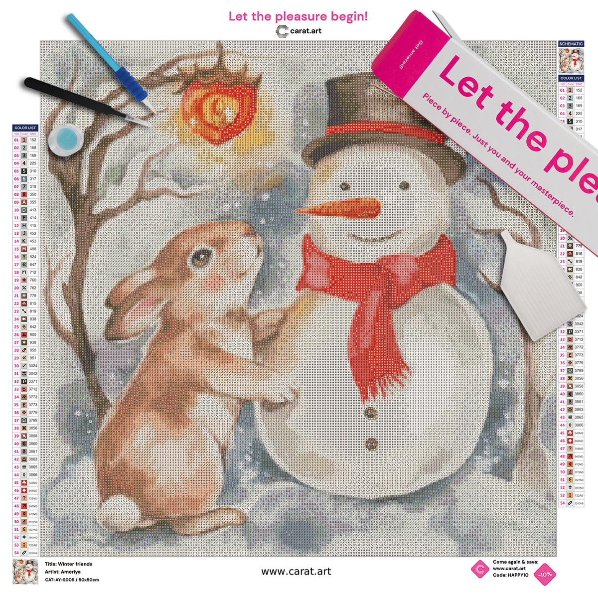 Diamond Painting Set mit kleinem Hasen und Schneemann mit Zylinder und Schal unter einer Laterne an einem Ast in einer winterlichen Nacht inklusive Leinwand, ciratart.com Karton und hochwertigem Zubehör