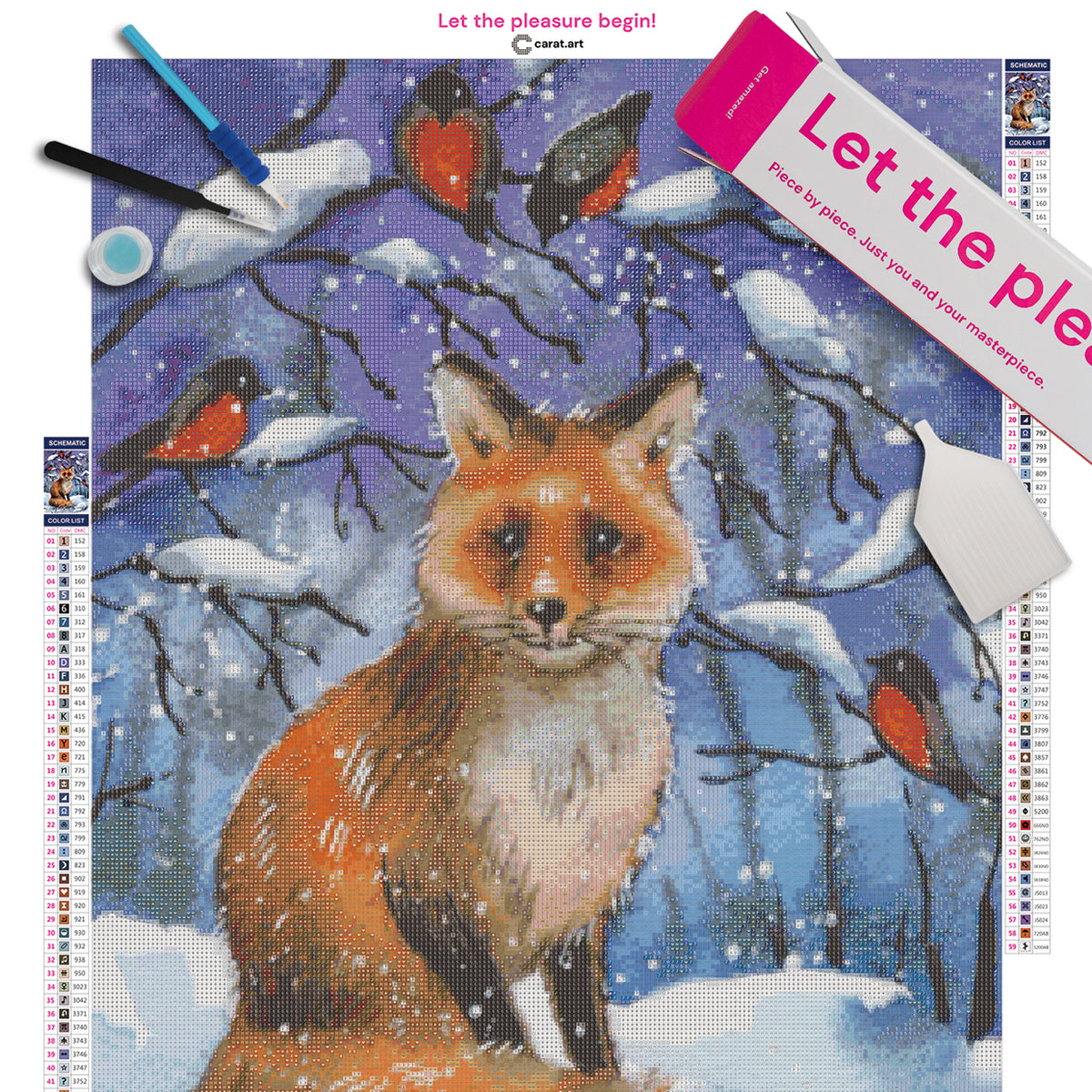 Diamond Painting Set mit Fuchs, Vögeln und verschneiter Winterwald-Szenerie inklusive Leinwand, ciratart.com Karton und hochwertigem Zubehör