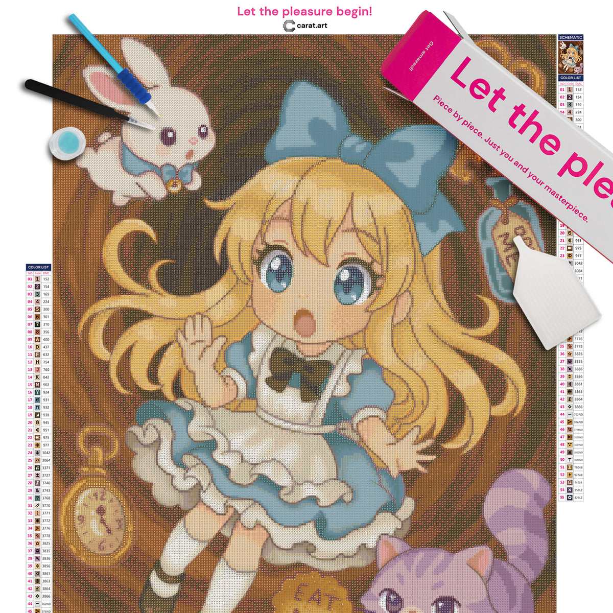 Diamond Painting Set mit Alice aus dem Wunderland, die gerade in den Kaninchenbau fällt, mit weißem Hasen, Grinsekatze, „Drink Me“-Fläschchen, „Eat Me“-Keks und Taschenuhr inklusive Leinwand, ciratart.com Karton und hochwertigem Zubehör