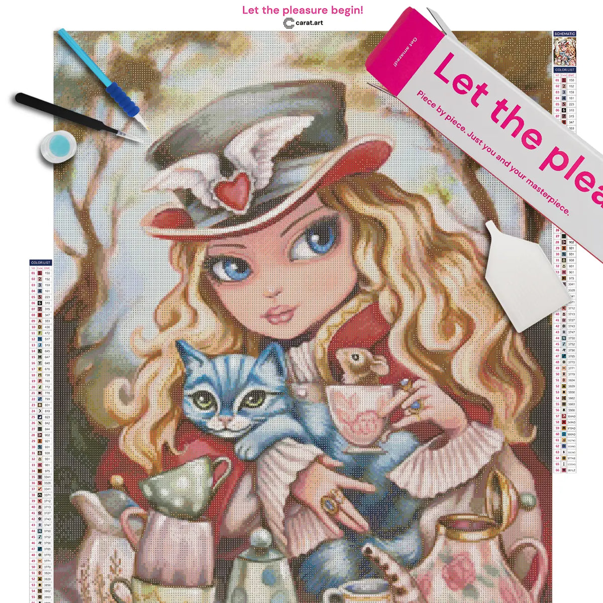 Diamond Painting Set mit Alice, Grinsekatze und fantasievollem Teeparty-Motiv auf Leinwand, mit ciratart.com Karton und hochwertigem Zubehör