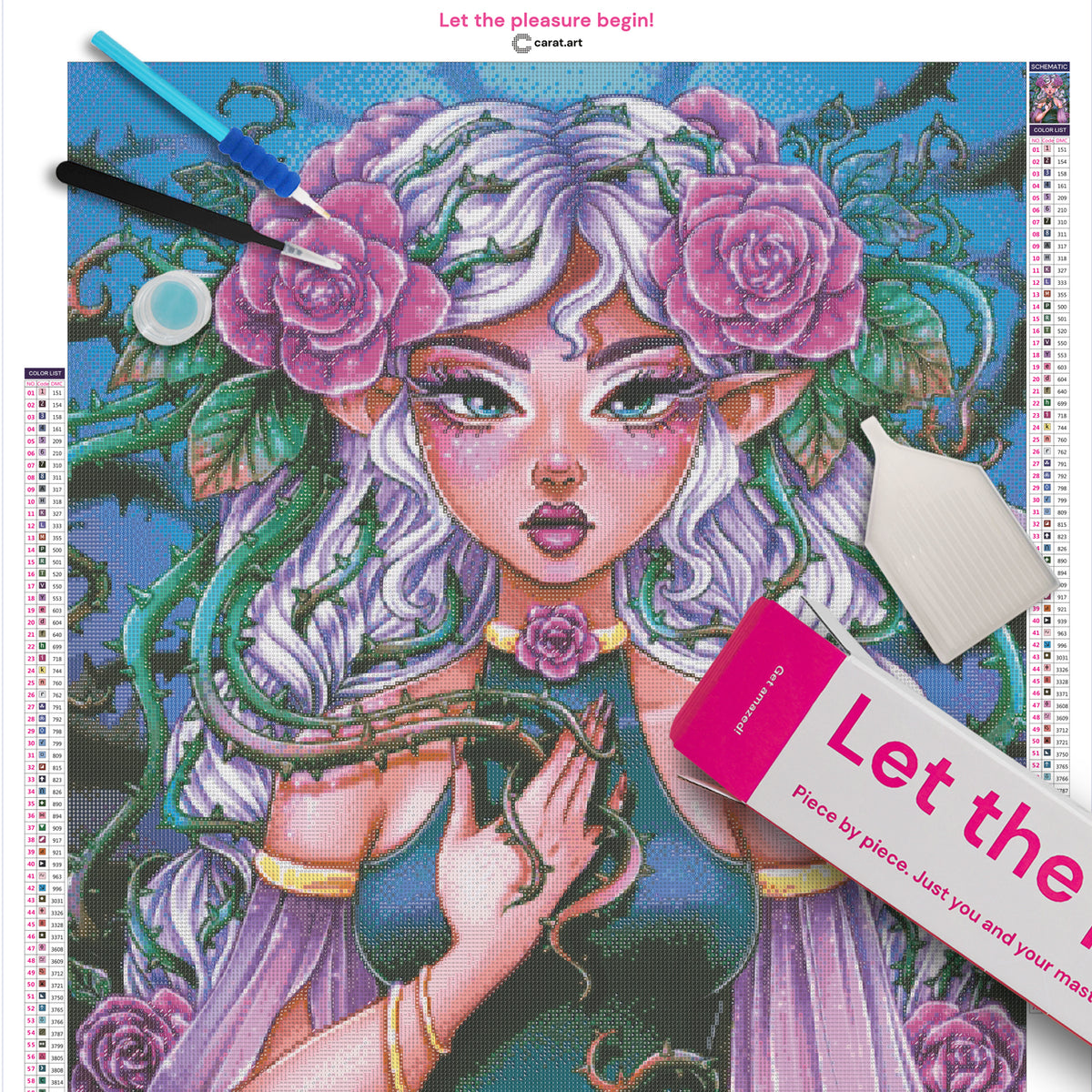 Diamond Painting Set mit Mädchen, weiß-lila Haaren, pinkfarbenen Rosen und Dornenranken inklusive Leinwand, ciratart.com Karton und hochwertigem Zubehör