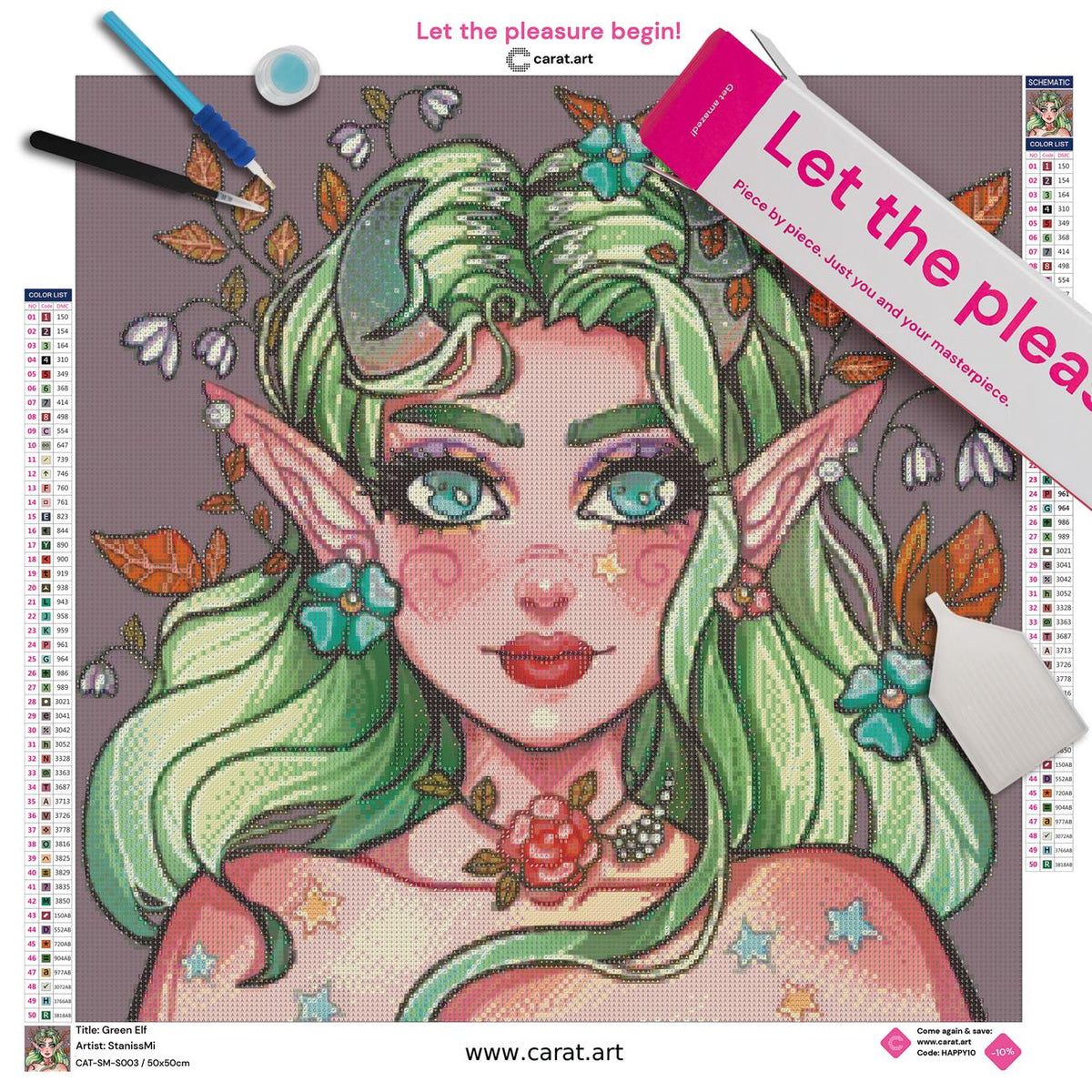 Diamond Painting Set mit Green Elf Fantasy Portrait inklusive Leinwand, ciratart.com Karton und hochwertigem Zubehör