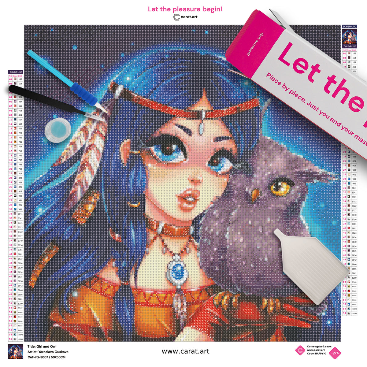 Premium Diamond Painting Set mit Indianermädchen und Eule, Leinwand und hochwertigem Zubehör