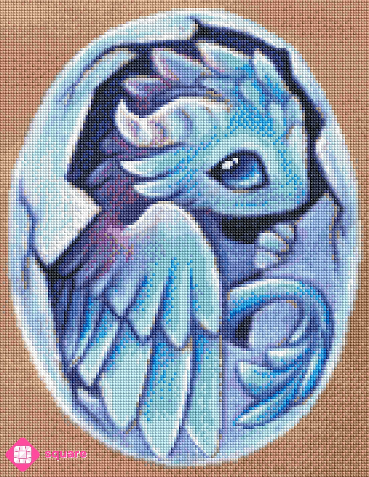 Diamond Painting Vorschau mit einem niedlichen hellblauen Drachen, der gerade aus einem hellblauen Ei schlüpft, in funkelnder Steinoptik als Render-Vorschau