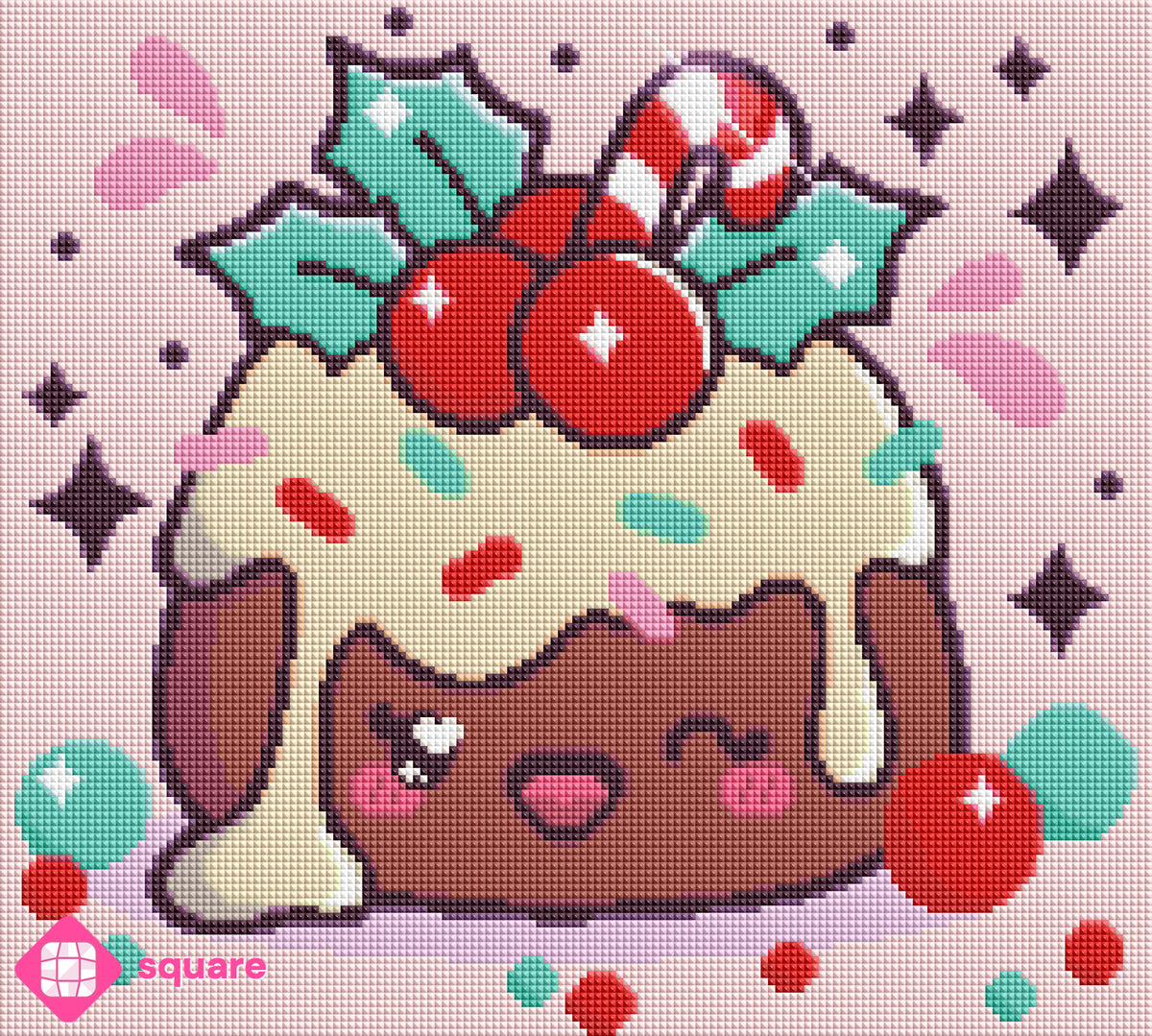 Diamond Painting Vorschau mit einem niedlichen Kawaii Christmas-Pudding mit weißer Glasur, Beeren- und Blätterdeko sowie einer kleinen Zuckerstange, umgeben von funkelnden Tropfen, Beeren und Sternen in Steinoptik als Render-Vorschau