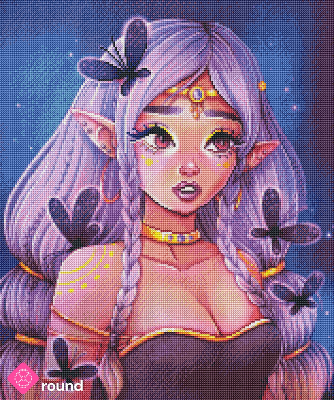 Diamond Painting Vorschau mit Dark Elf umgeben von Schmetterlingen in funkelnder Steinoptik