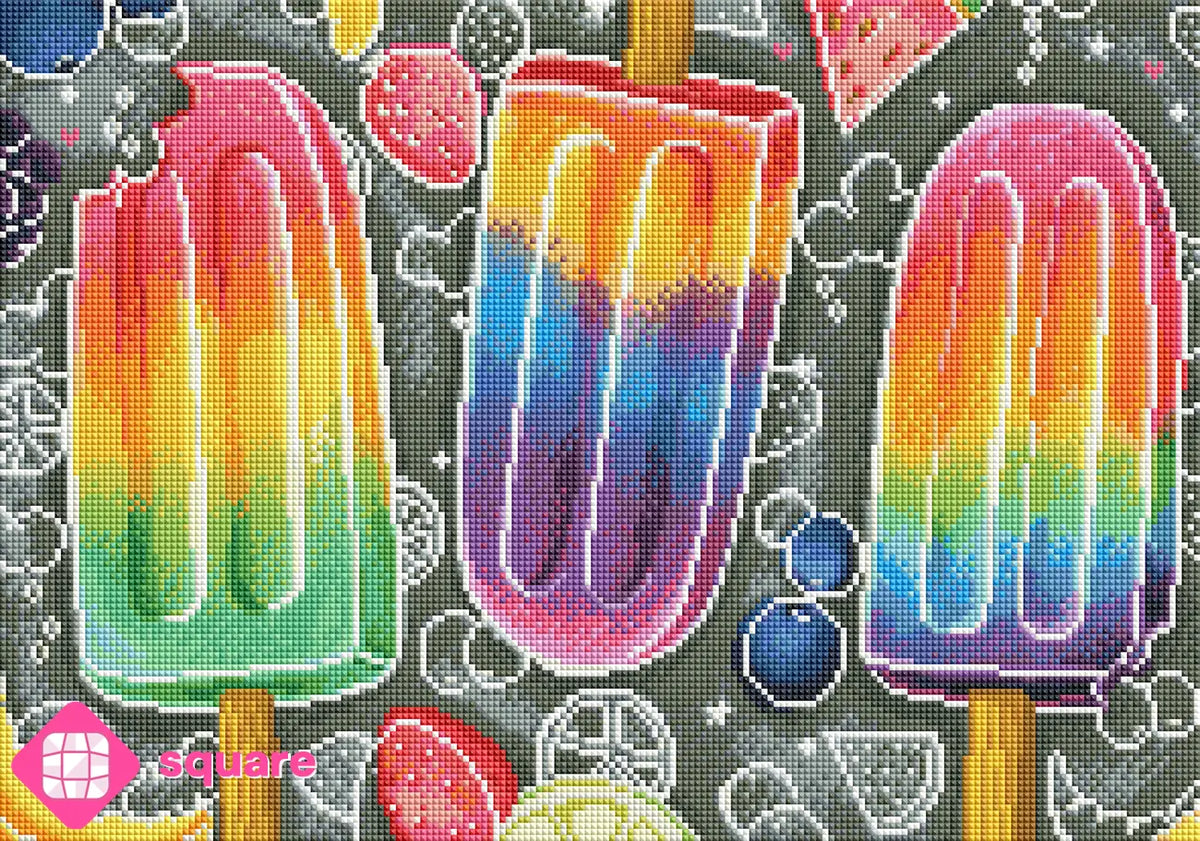 Diamond Painting Vorschau 3 bunte Eis am Stiel in Regenbogenfarben umgeben von sommerlichem Obst in funkelnder Steinoptik als Render-Vorschau