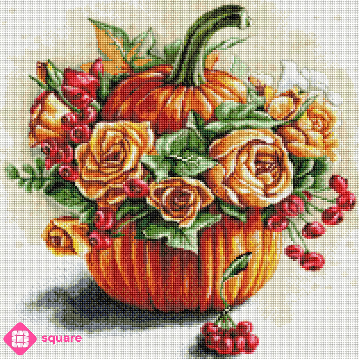 Diamond Painting Vorschau eines Kürbis Motivs mit Blumen und Beeren in funkelnder Steinoptik als Render-Vorschau