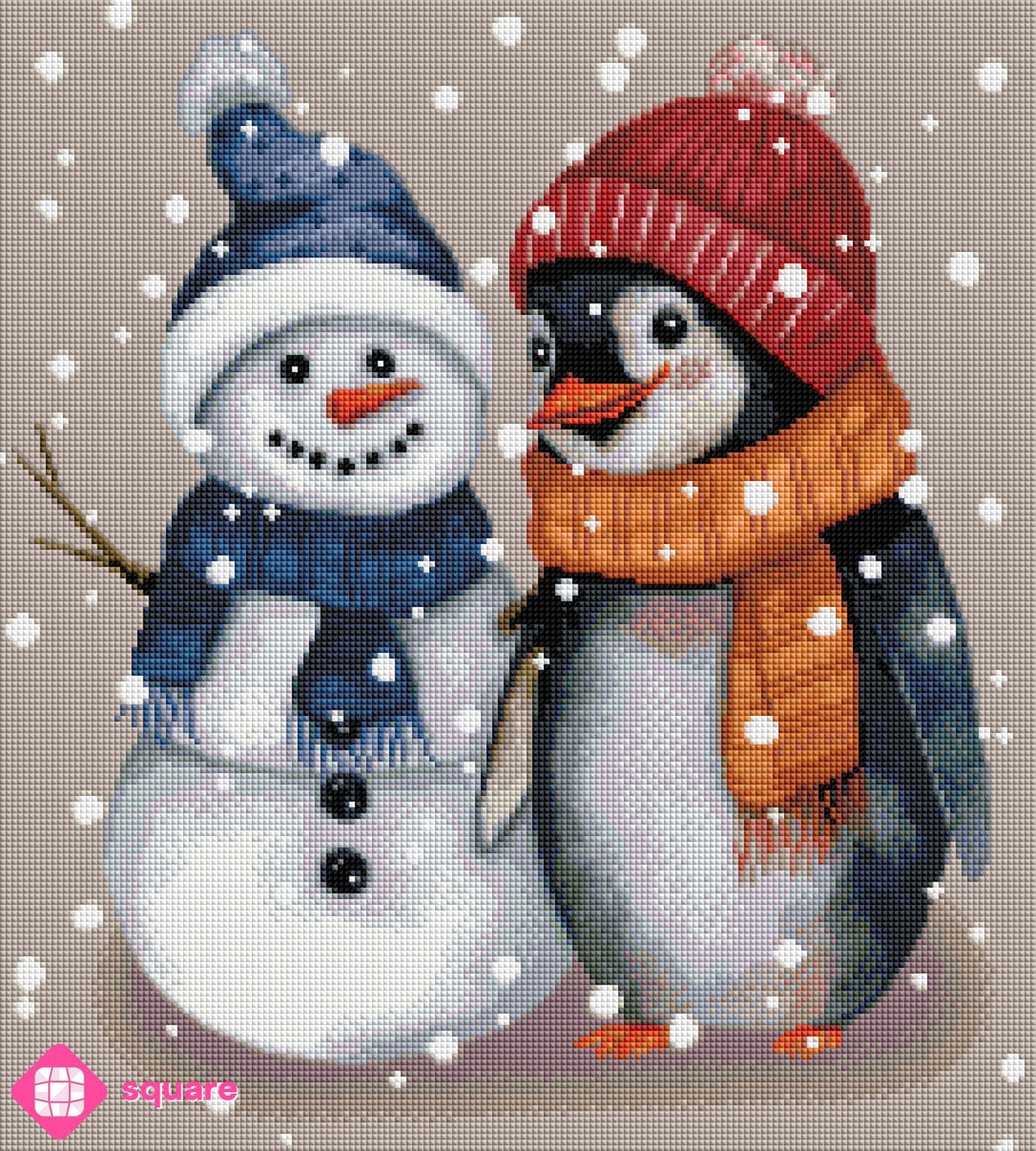 Diamond Painting Vorschau mit einem niedlichen kleinen Pinguin und einem kleinen Schneemann mit Schal und Mütze, umgeben von tanzenden Schneeflocken in funkelnder Steinoptik als Render-Vorschau