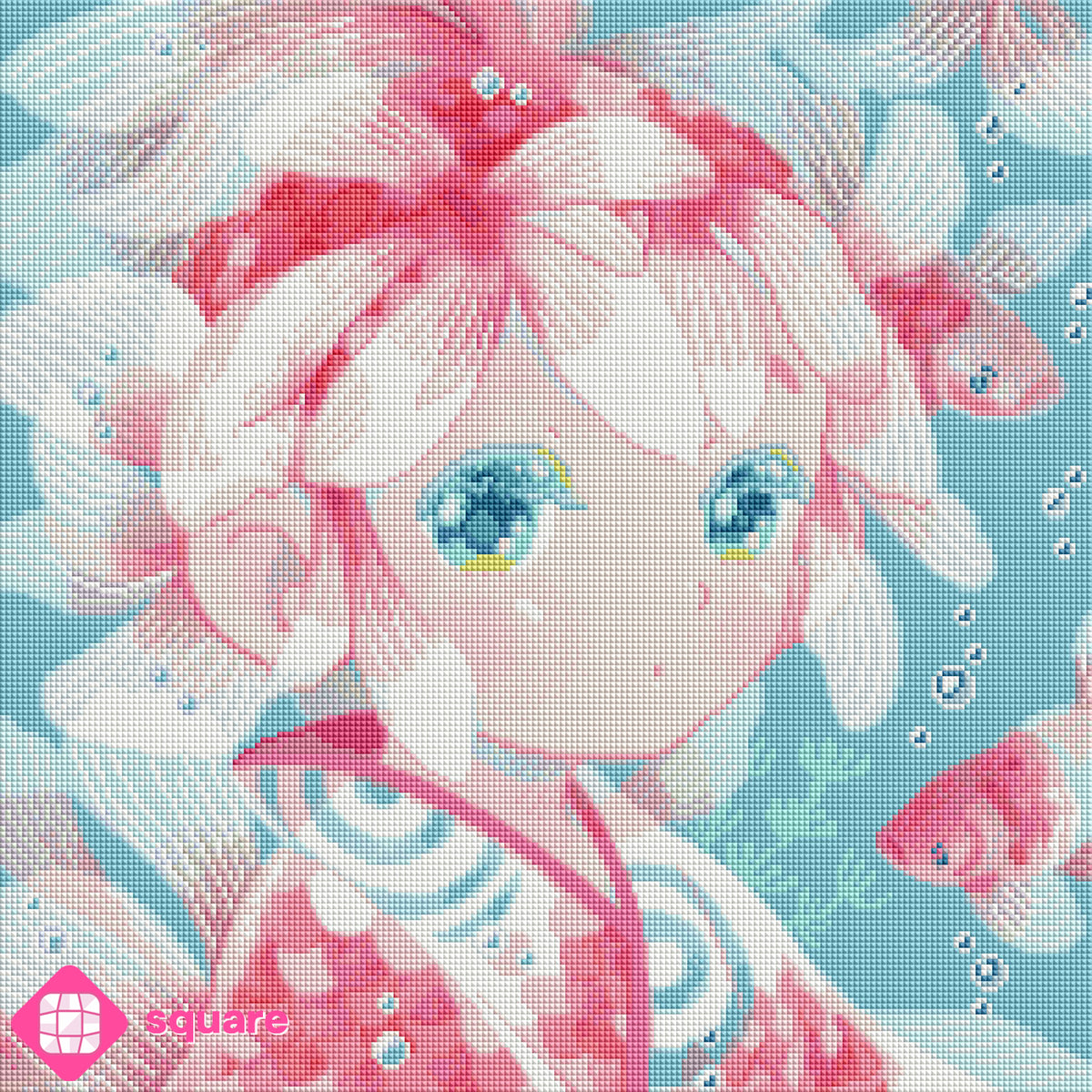 Diamond Painting Vorschau eines fantasievollen Unterwassermotivs von Hiroko mit einem Mädchen im Kimono und zarten Korallen-Blüten auf dem Kopf, begleitet von zahlreichen pastellfarbenen Goldfischen, in funkelnder Steinoptik als Render-Vorschau