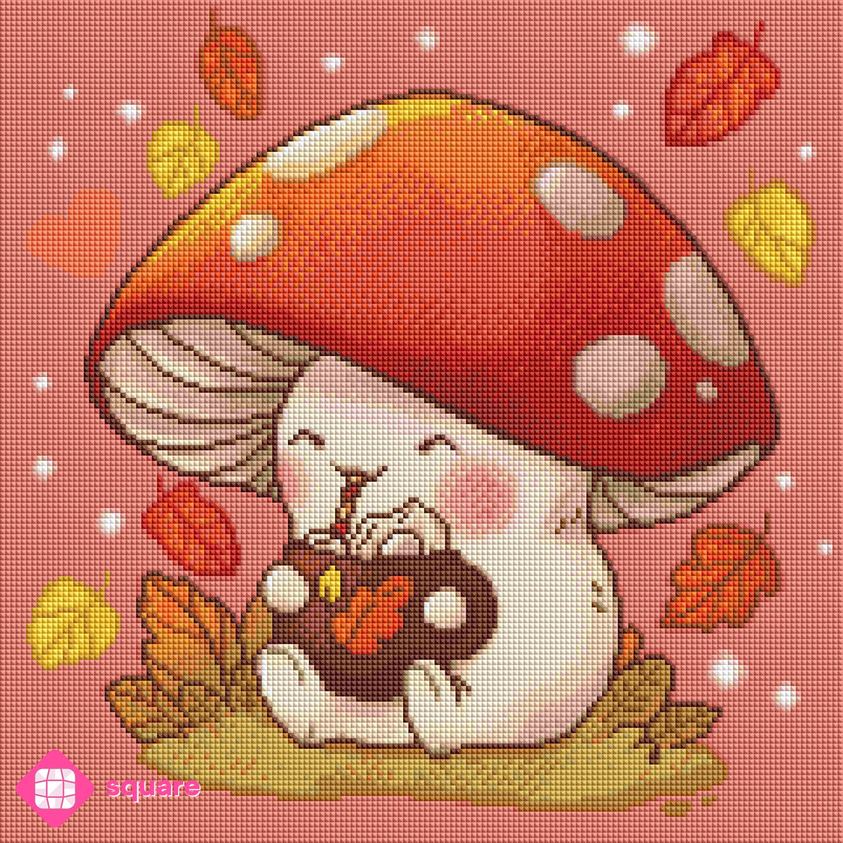 Diamond Painting Vorschau mit niedlichem Pilz, der eine Tasse mit heißer Schokolade trinkt, umgeben von herbstliche Blätter