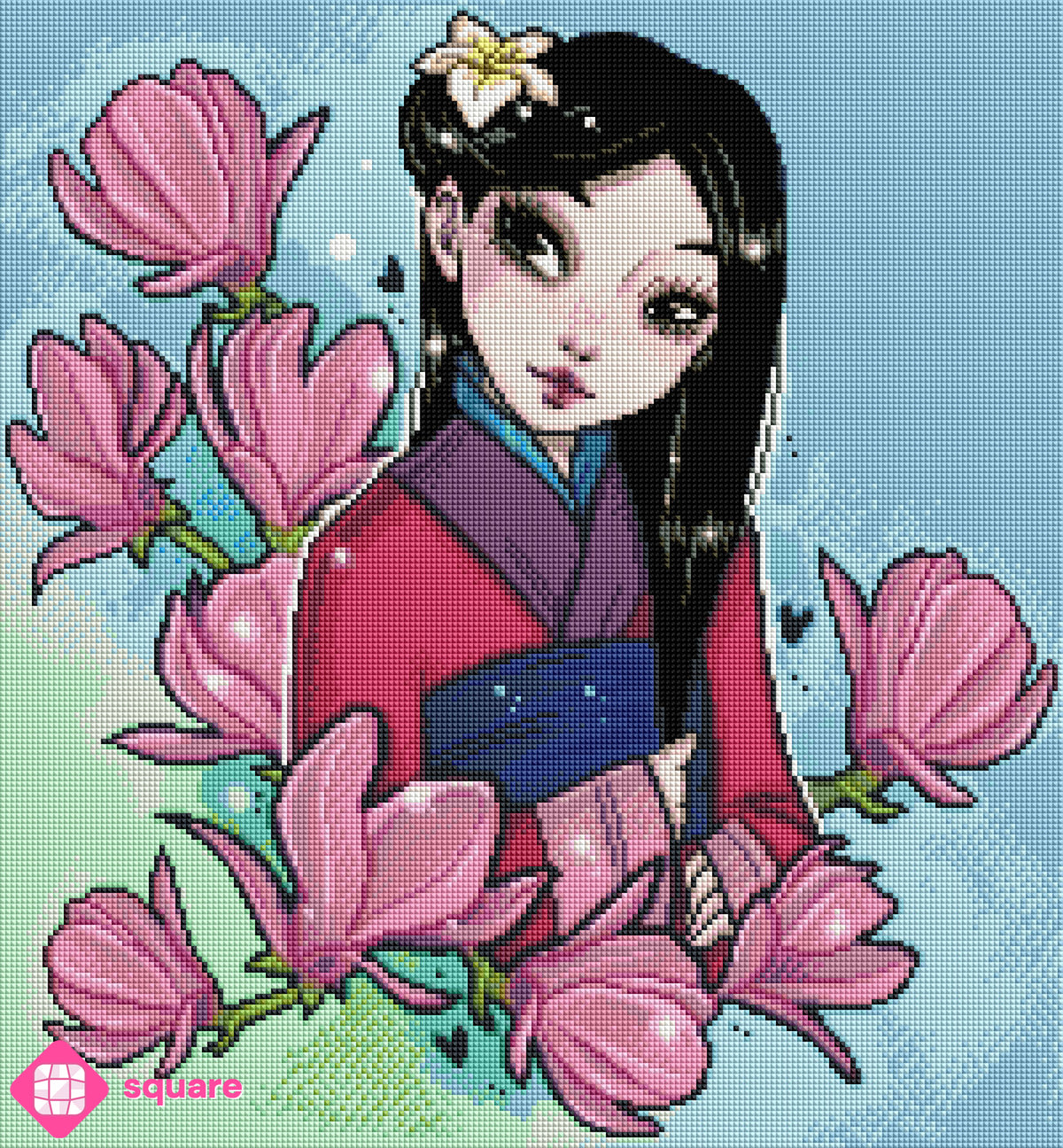 Diamond Painting Vorschau mit Mulan mit dunklen Haaren und dunklen Augen im Kimono, einer Blüte im Haar und von Ästen mit vielen Magnolienblüten umgeben, in funkelnder Steinoptik als Render-Vorschau