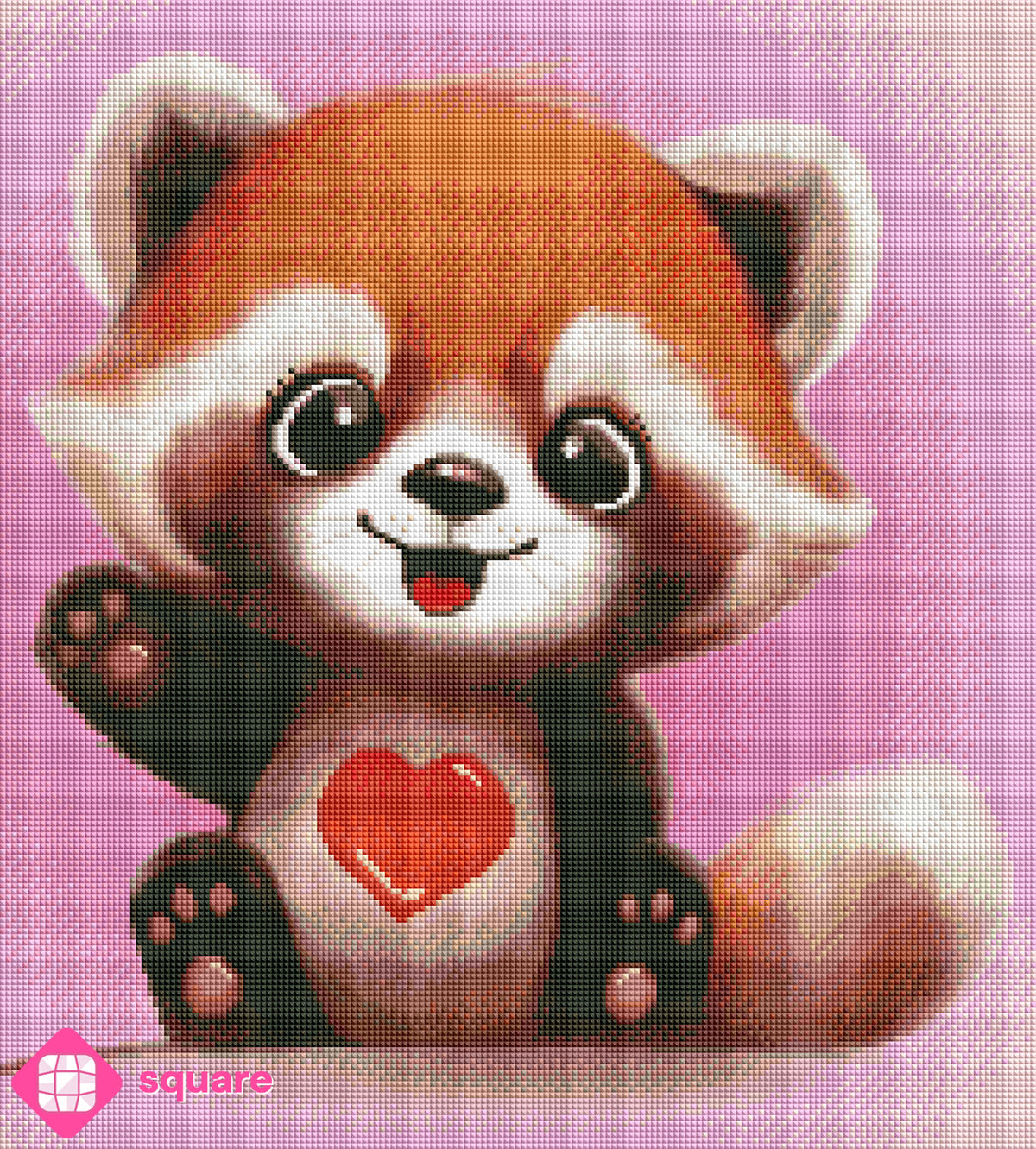 Diamond Painting Vorschau mit süßem rotem Panda mit Herz in funkelnder Steinoptik