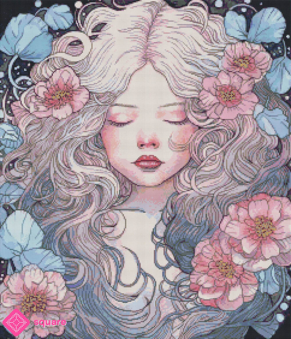 Diamond Painting Vorschau eines liegenden Mädchens mit geschlossenen Augen und langen, fließenden Haaren, verziert mit rosa Blüten und Blättern, in romantischer funkelnder Steinoptik als Render-Vorschau