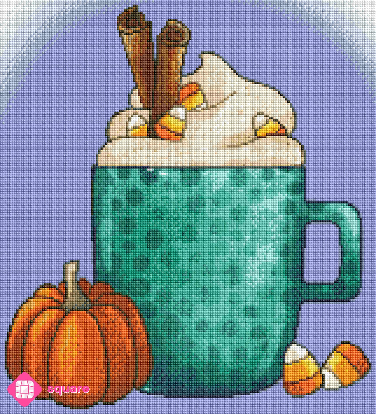 Diamond Painting Vorschau mit herbstlichem Pumpkin Latte Tassen Motiv in funkelnder Steinoptik