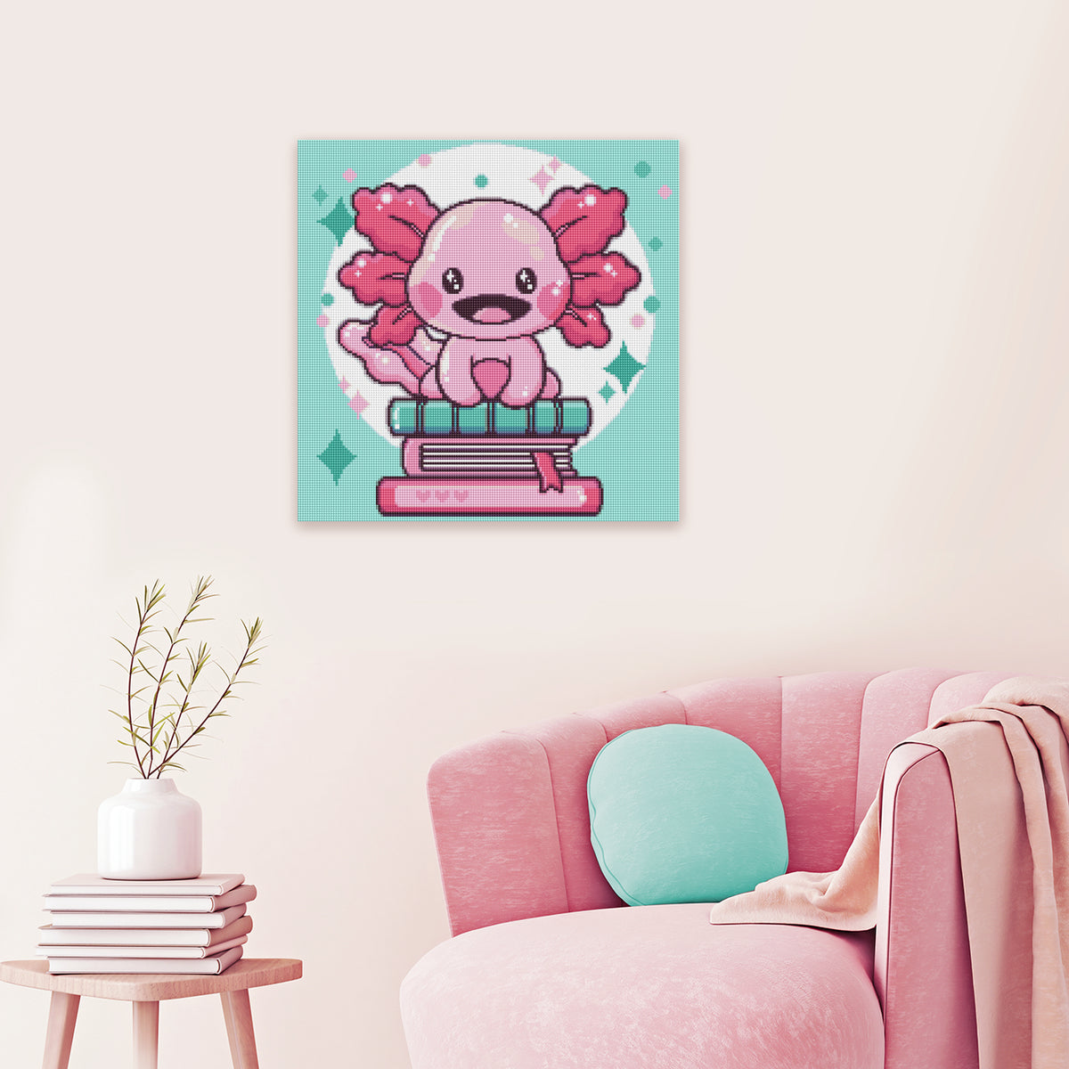 Niedliches Kawaii-Diamond-Painting mit Axolotl und Büchern als verspielte Wanddekoration für Bücherfans und Tierliebhaber
