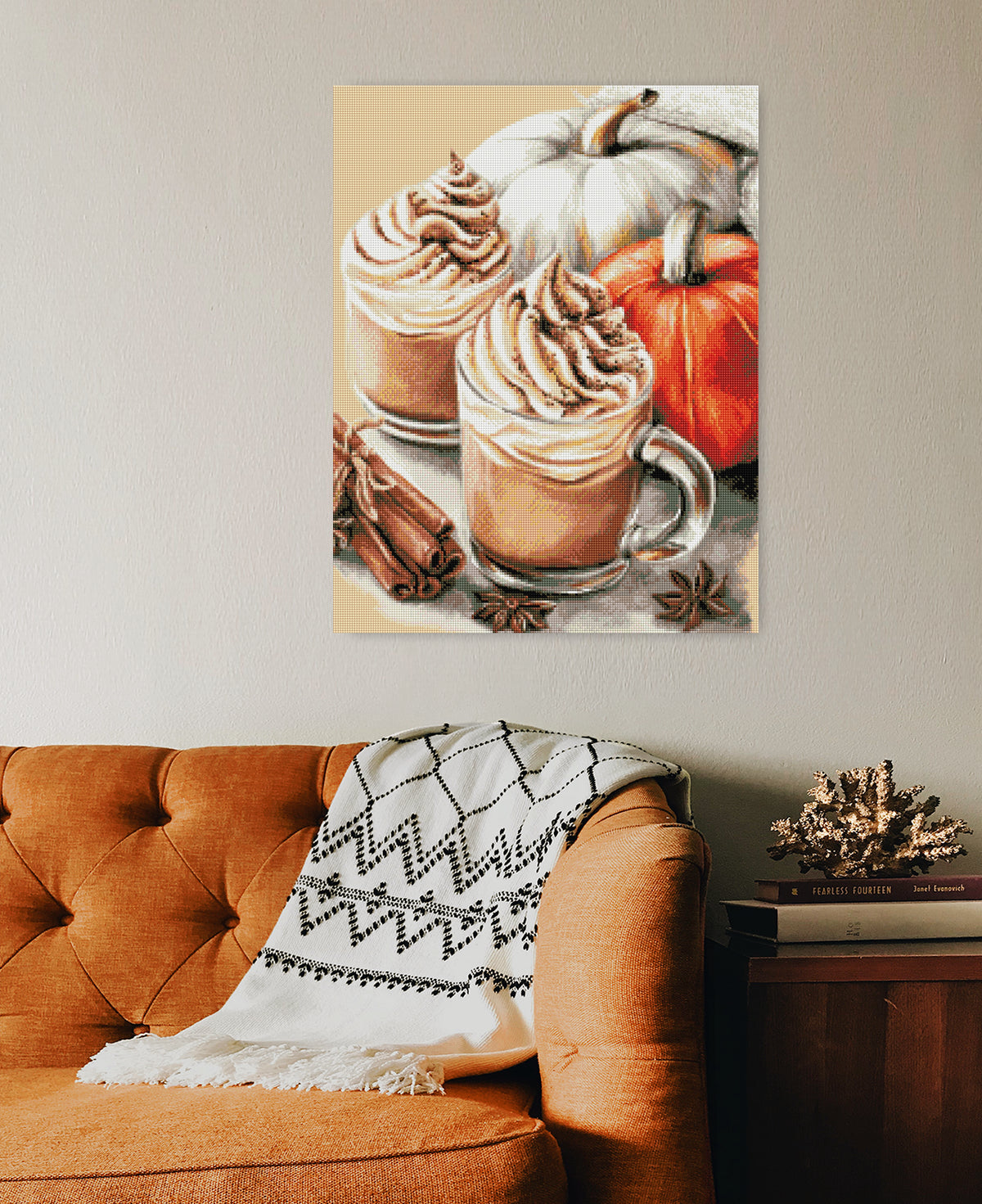 Diamond Painting Kürbis Latte Motiv als herbstliche Wanddekoration für Gourmets und Herbst-Liebhaber