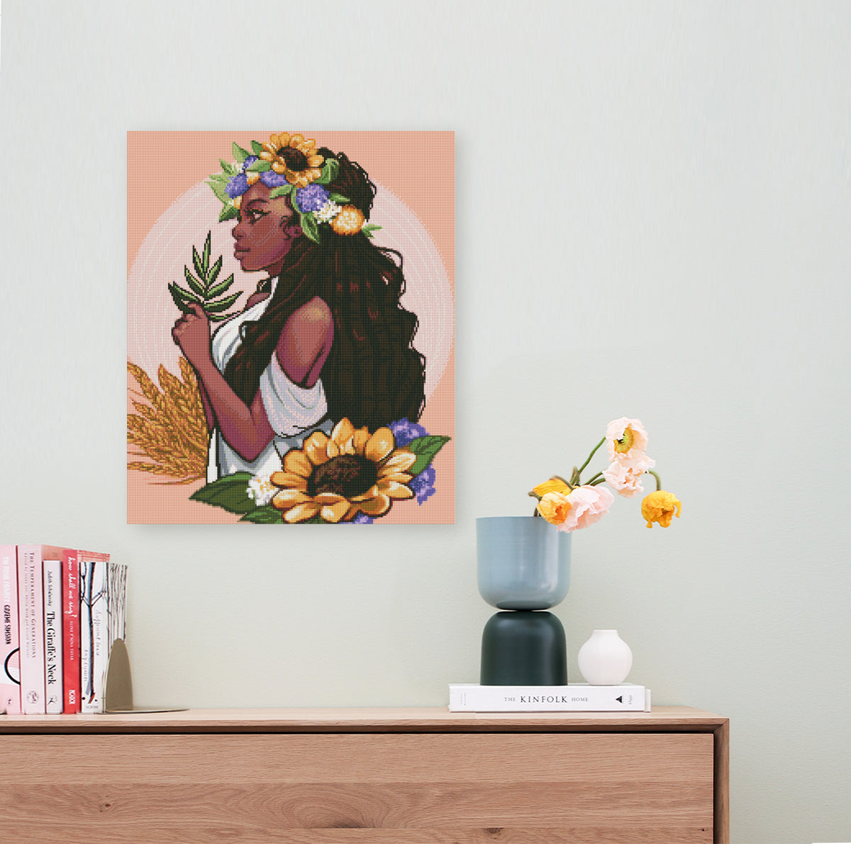 Diamond Painting Ernte Motiv mit Mädchen, Sonnenblumen und warmen Farben als dekoratives Kunstwerk für Zuhause