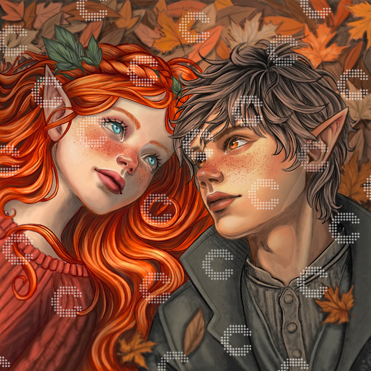 Diamond Painting Original-Kunstwerk eines Elfen Pärchens im Herbstlaub als romantisches Herbst Motiv mit magischer Atmosphäre