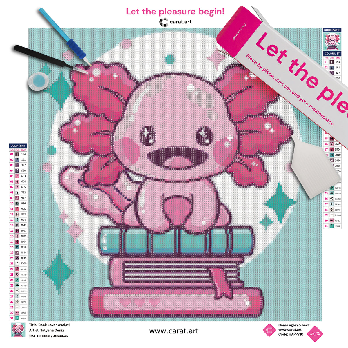 Premium Diamond Painting Set mit niedlichem Kawaii-Axolotl auf einem Stapel Bücher auf Leinwand mit Diamond Painting Zubehör und ciratart.com Karton