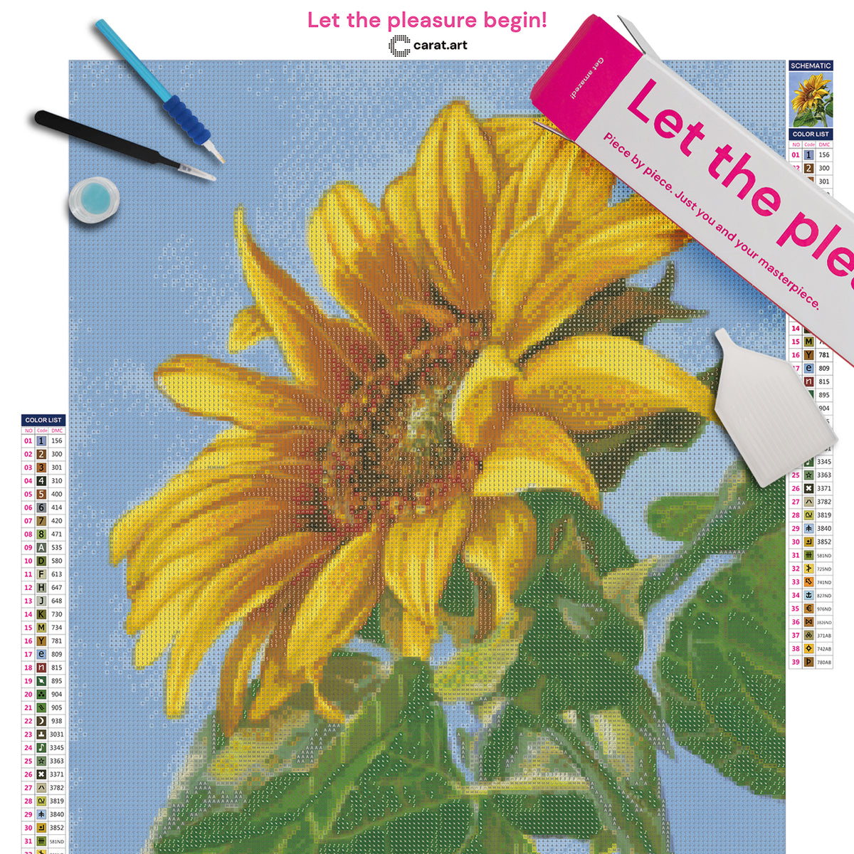 Premium Diamond Painting Set mit leuchtender Sonnenblume vor blauem Himmel auf Leinwand mit Diamond Painting Werkzeug und ciratart.com Karton