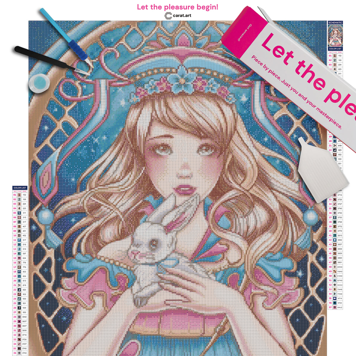 Diamond Painting Set mit Mädchen im Rüschenkleid, Hasentasche und kleinem weißen Hasen vor blauem Sternenhimmel, umrahmt von filigranen goldenen Strukturen inklusive Leinwand, ciratart.com Karton und hochwertigem Zubehör