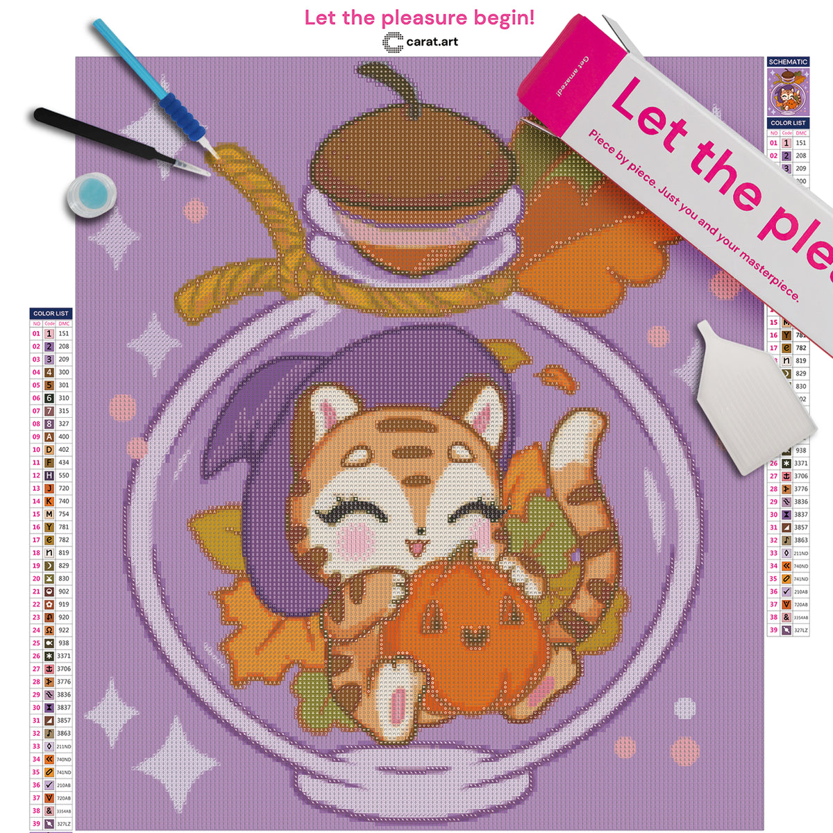 Diamond Painting Set mit Tiger Kürbis Motiv auf Leinwand und Werkzeug