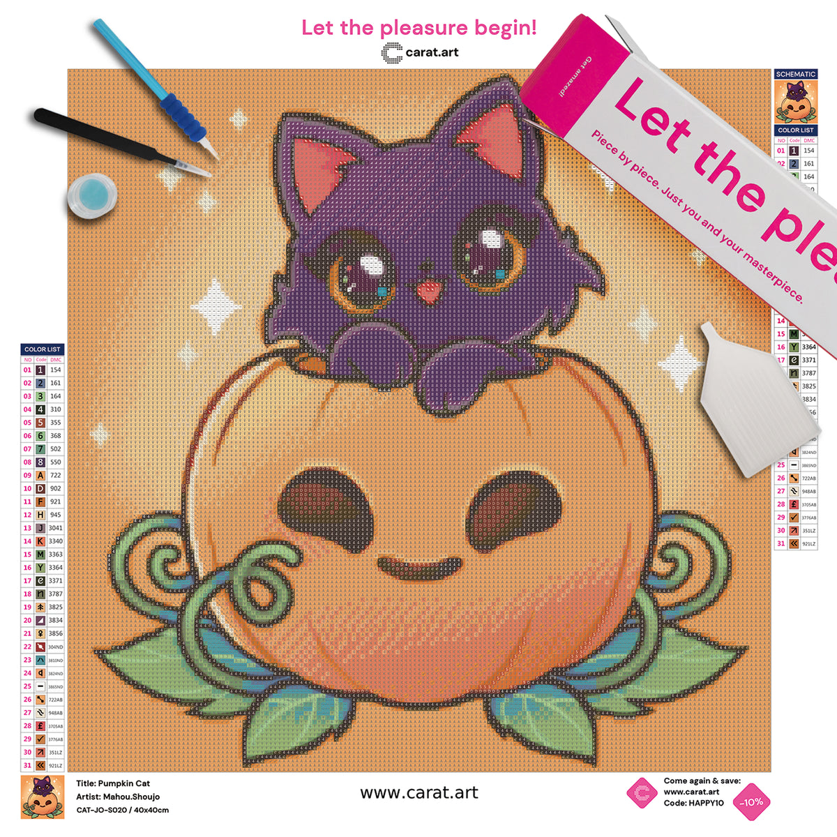 Diamond Painting Set mit Katzenmotiv und Halloween Kürbis als Premium Set inklusive Leinwand, Box und Werkzeug