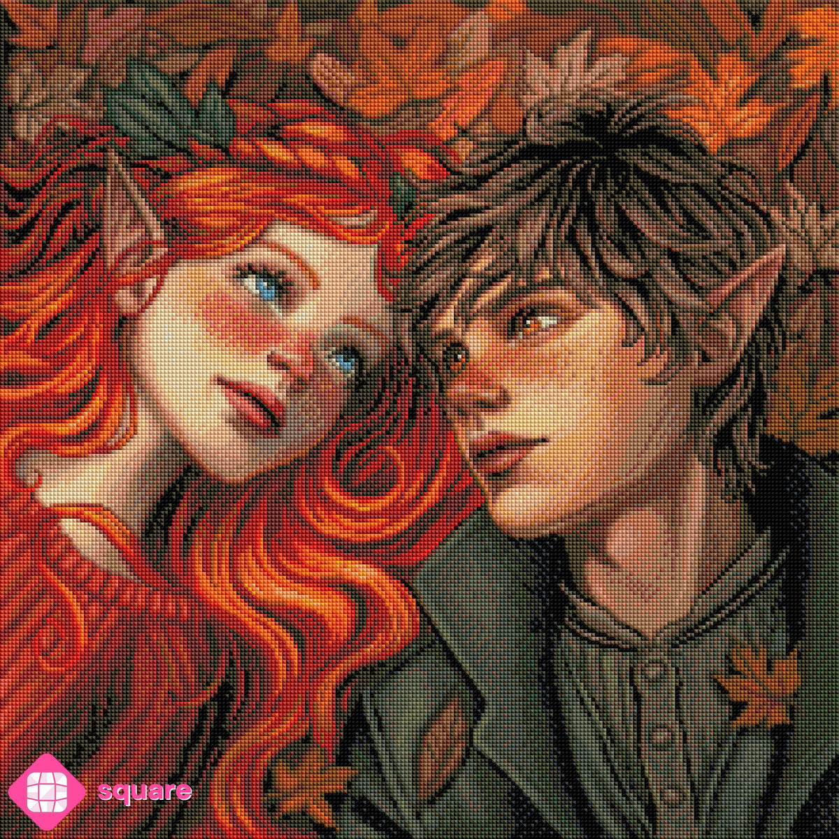 Diamond Painting Vorschau mit Herbst Motiv von einem romantischen Pärchen im bunten Herbstlaub mit warmen Farben in funkelnder Steinoptik als Render-Vorschau