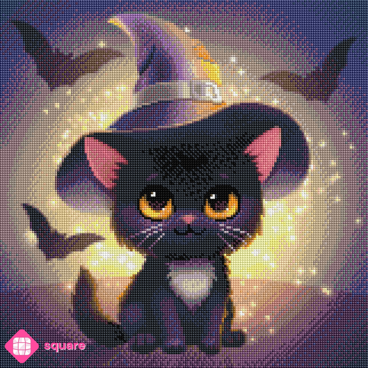 Diamond Painting Vorschau mit Halloween Katzenmotiv in funkelnder Steinoptik als Render-Vorschau