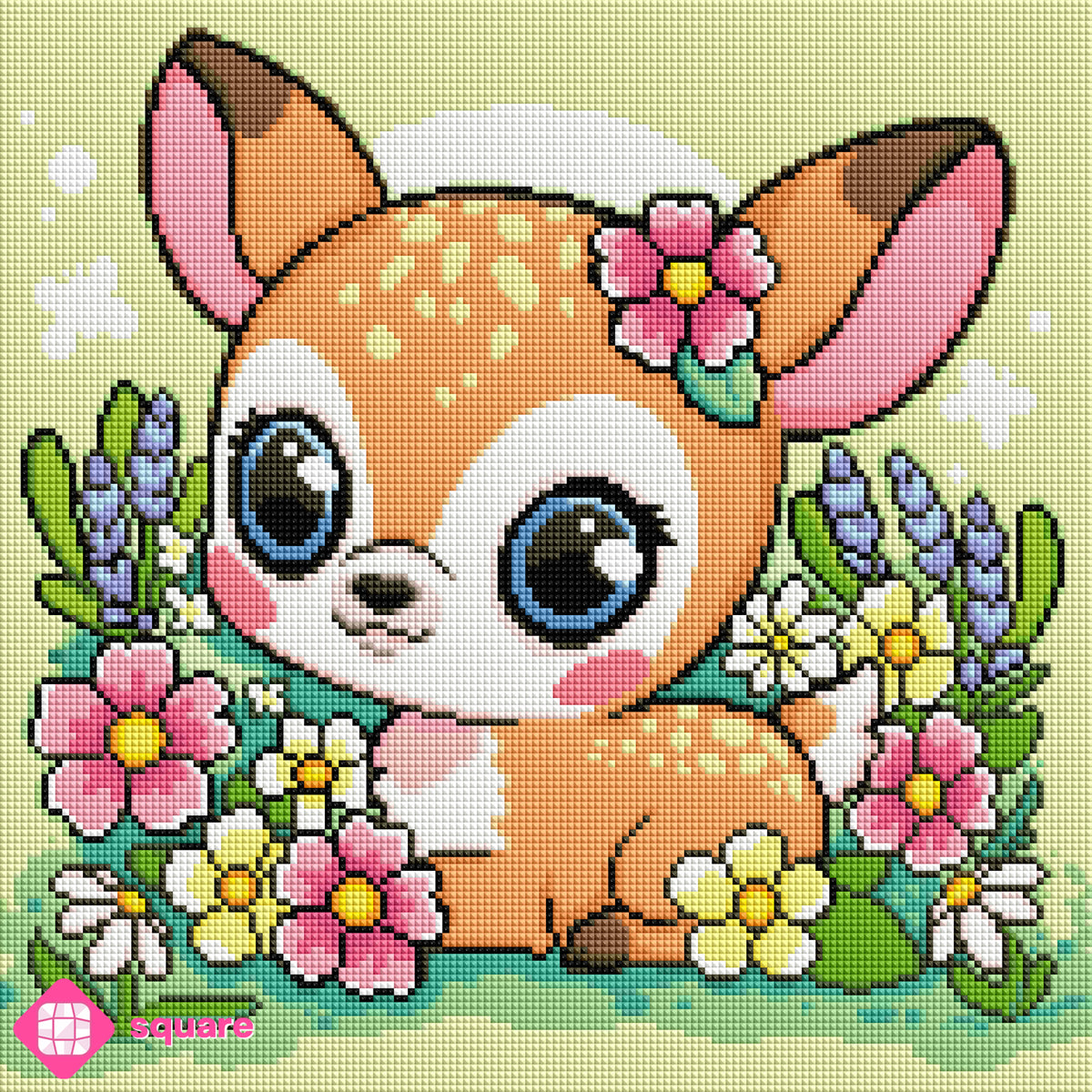 Diamond Painting Vorschau mit niedlichem Rehkitz und großen Augen inmitten einer farbenfrohen Waldwiese mit zahlreichen Blumen in funkelnder Steinoptik als Render-Vorschau